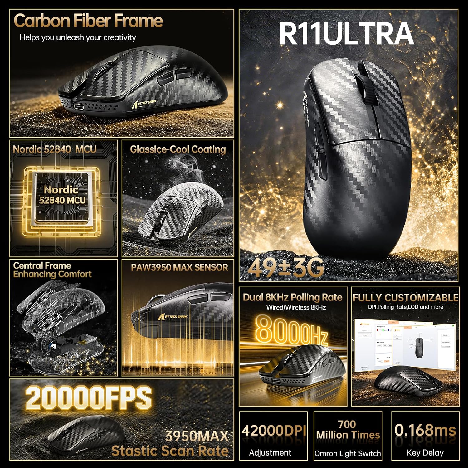 ATTACK SHARK R68 HE&R11 Ultra Carbon Fiber Gaming Keyboard and Mouse Combo,8KHz Rapid Trigger Wired Keyboard,0.005mm RT Accuracy,Immersive RGB+49g 8K Wireless Mouse PAW3950MAX,42K DPI,RGB Coiled Cable