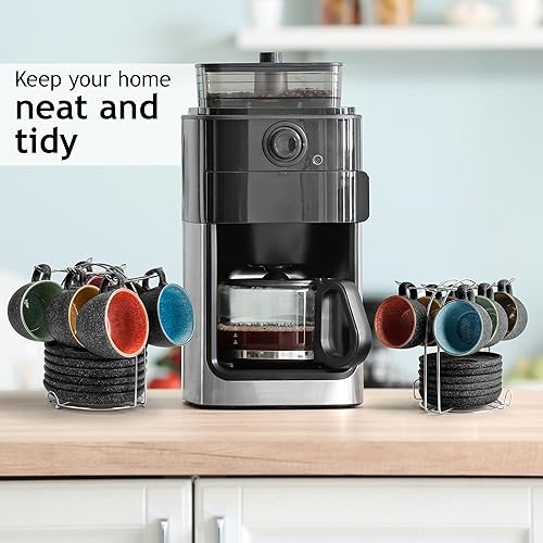 Miniatura 7 de MIAMIO Tazas de café apilables de cerámica de 2.7 onzas con platillos y soporte de metal, juego de 6 tazas de espresso, tazas Demitasse, tazas de