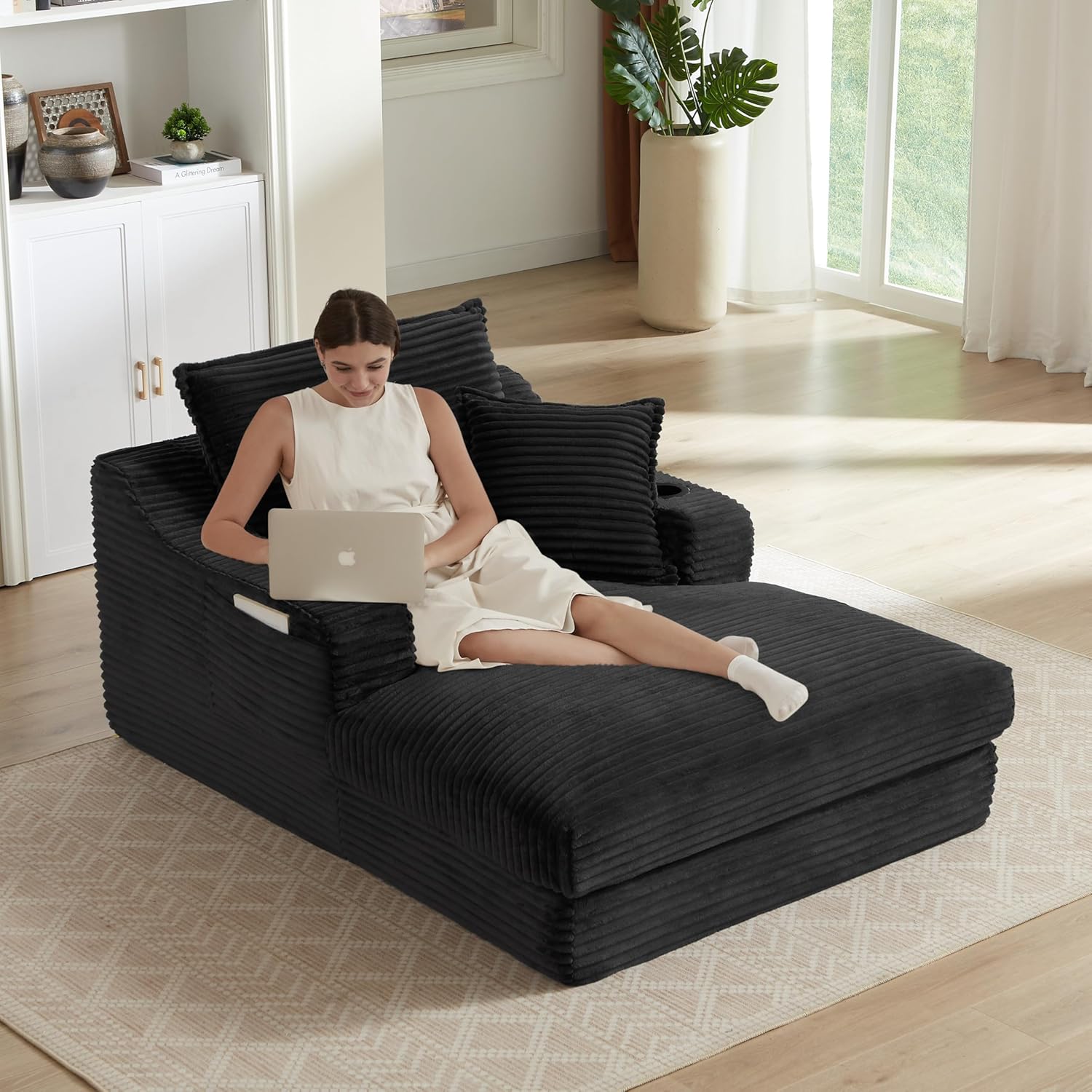 47" Oversized Chaise Lounge Sofa, Boneless Sleeper Sofa Couch with Cupholders and 3 Throw Pillows, Deep Seat Lazy Lounger Chair Cloud Couch Bed for Living Room (Black, 47.2" Lounge Chair)