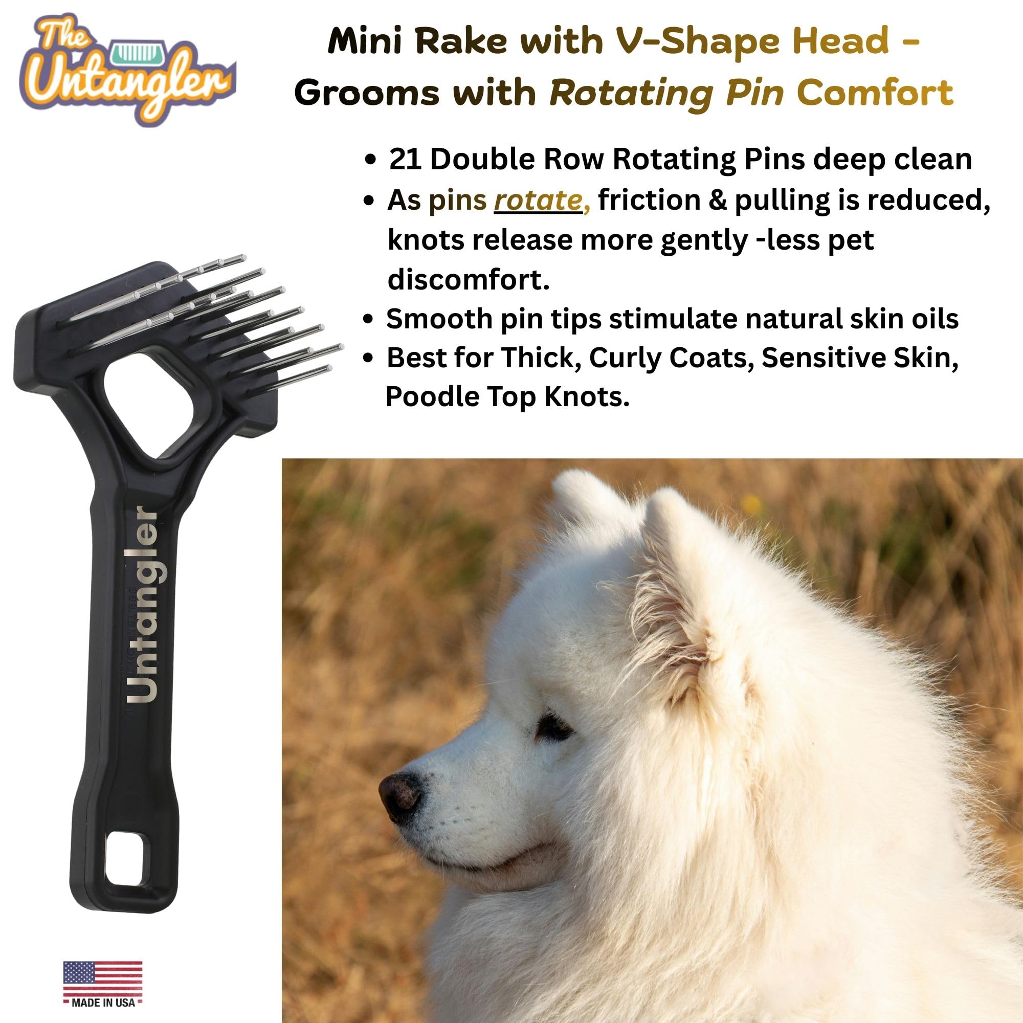 Mini-râteau en forme de V double rangée de dents rotatives de 2,5 cm pour démêler et toiletter les chiens (15,2 cm de long)