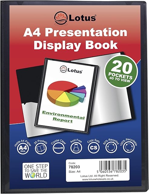A4 Display Book - 20 Pockets Black Presentation A4 Display Book Folder Folio for Professionals, Business, Students, Projects, School, Colleges, Home by Lotus - 78203 (1 Book)