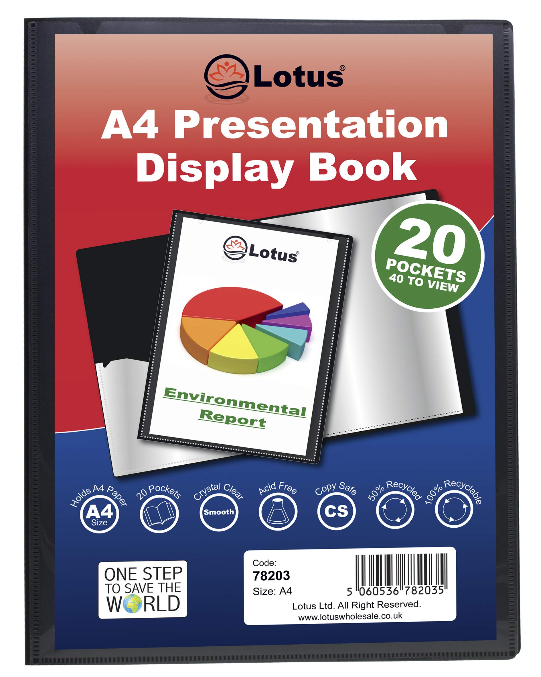 Lotus A4 Display Book, Black, 20 Pockets Presentation Folder for Business and Students, Perfect for Projects School, College