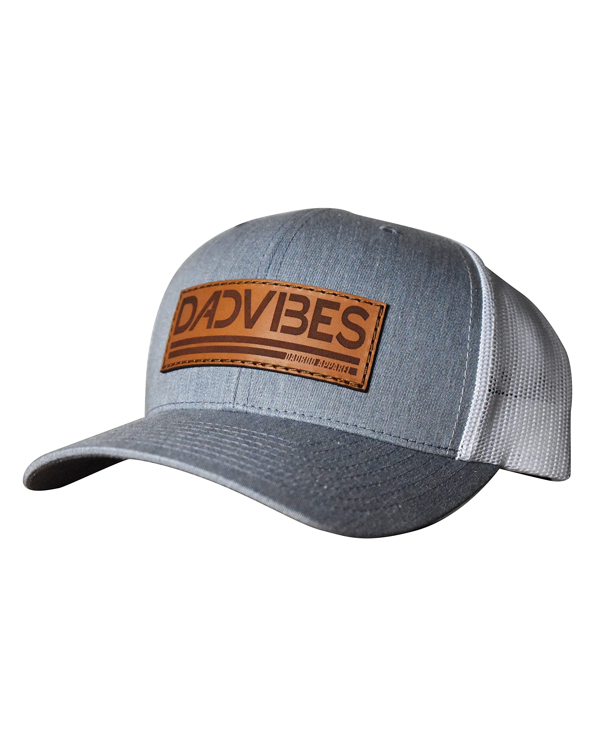 DadBod Apparel DBDadVibes Leather Patch Classic Snapback Hat - Heather Grey/White Mesh - Premium Baseball Cap for Girl Dads and Boy Dads