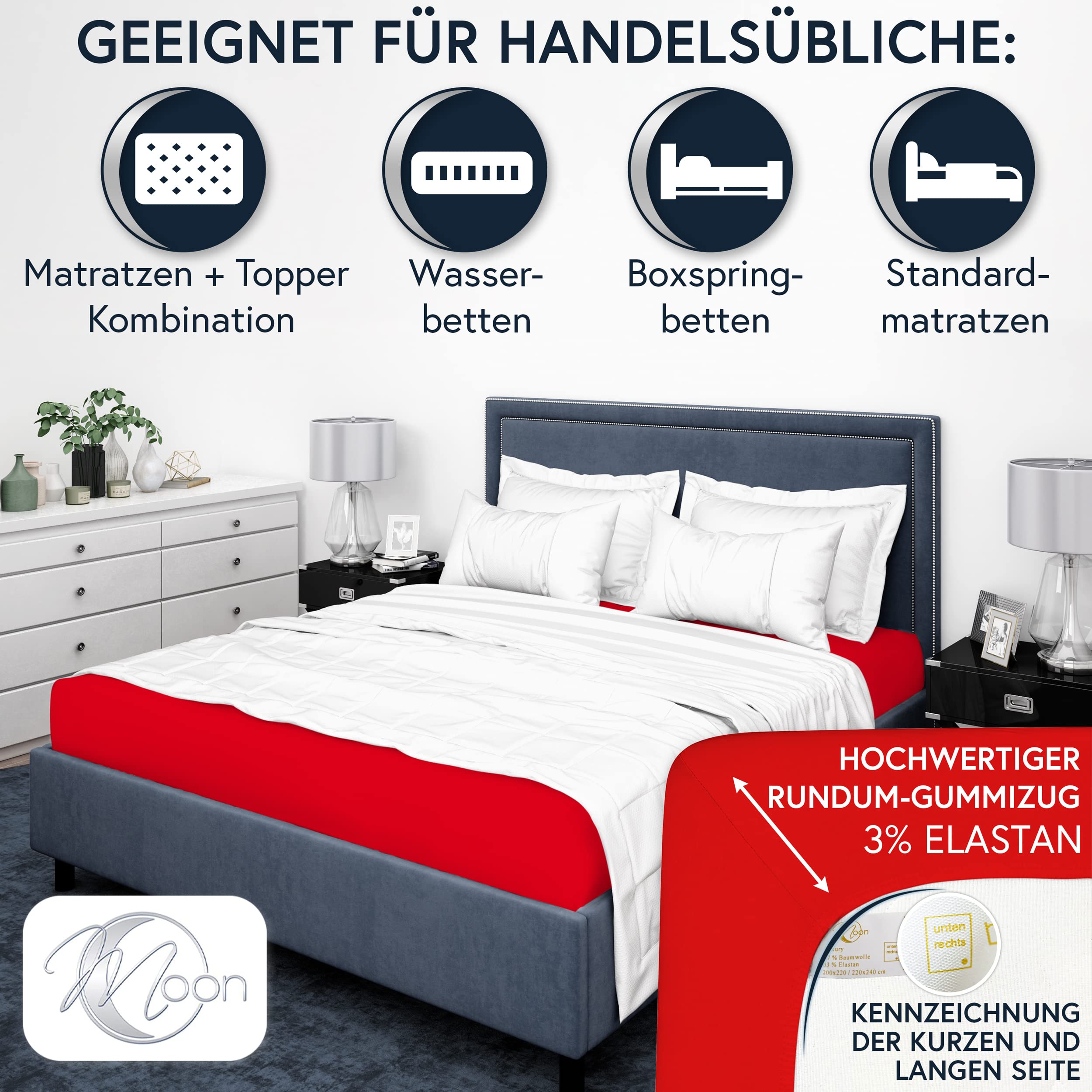 Moon - Luksusowe prześcieradło z gumką Jersey Stretch 230 g/m² do łóżek wodnych, łóżek kontynentalnych i tradycyjnych materacy (kolor czerwony, 200 x 220 – 220 x 240)