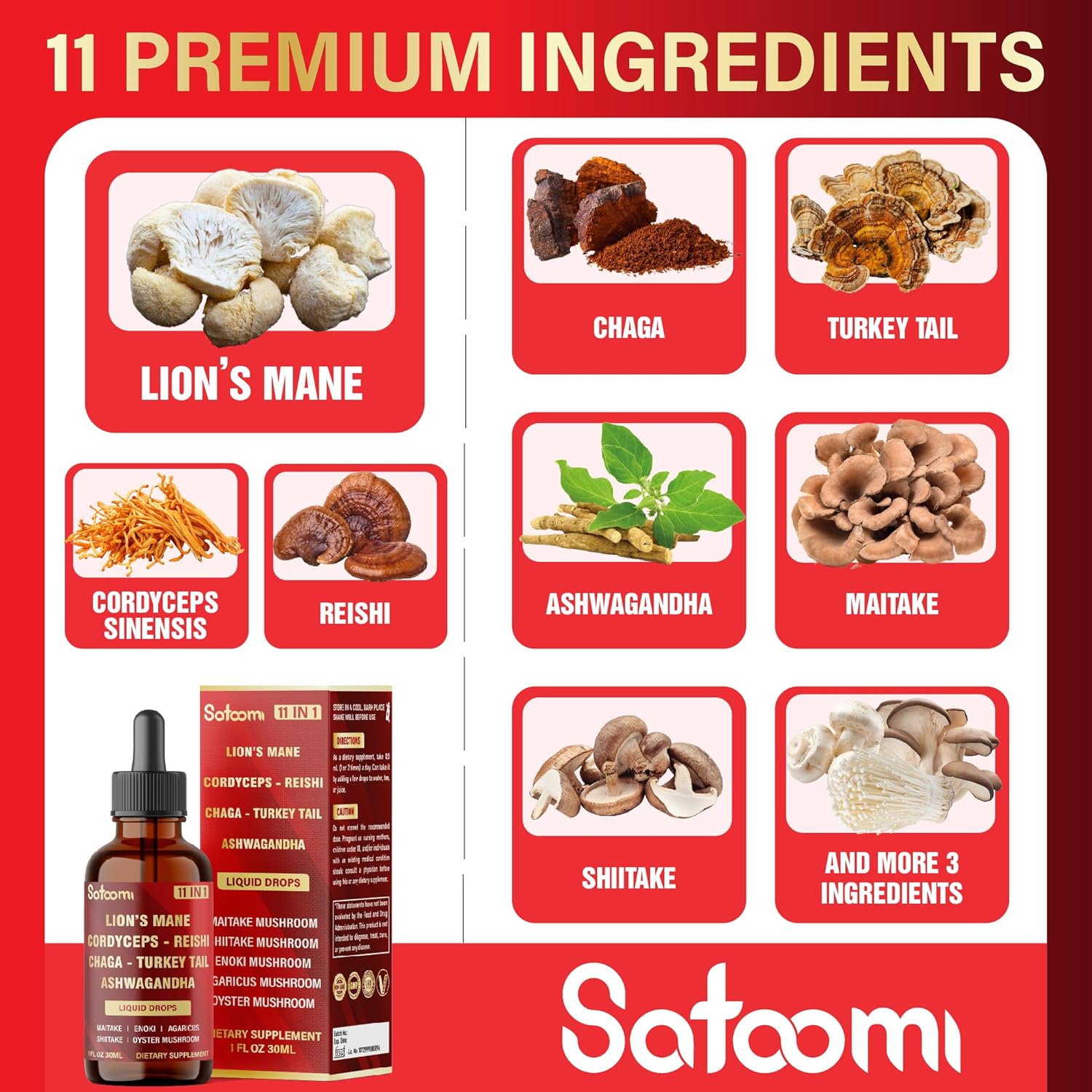 11in1 Mushroom Supplement Liquid Drops – Brain, Immunity & Energy Support - Mushroom Complex with Lion’s Mane, Reishi, Turkey Tail, Cordyceps, Ashwagandha, Maitake, Shiitake - 1 FL Oz - 60 Day Supply - Image 3