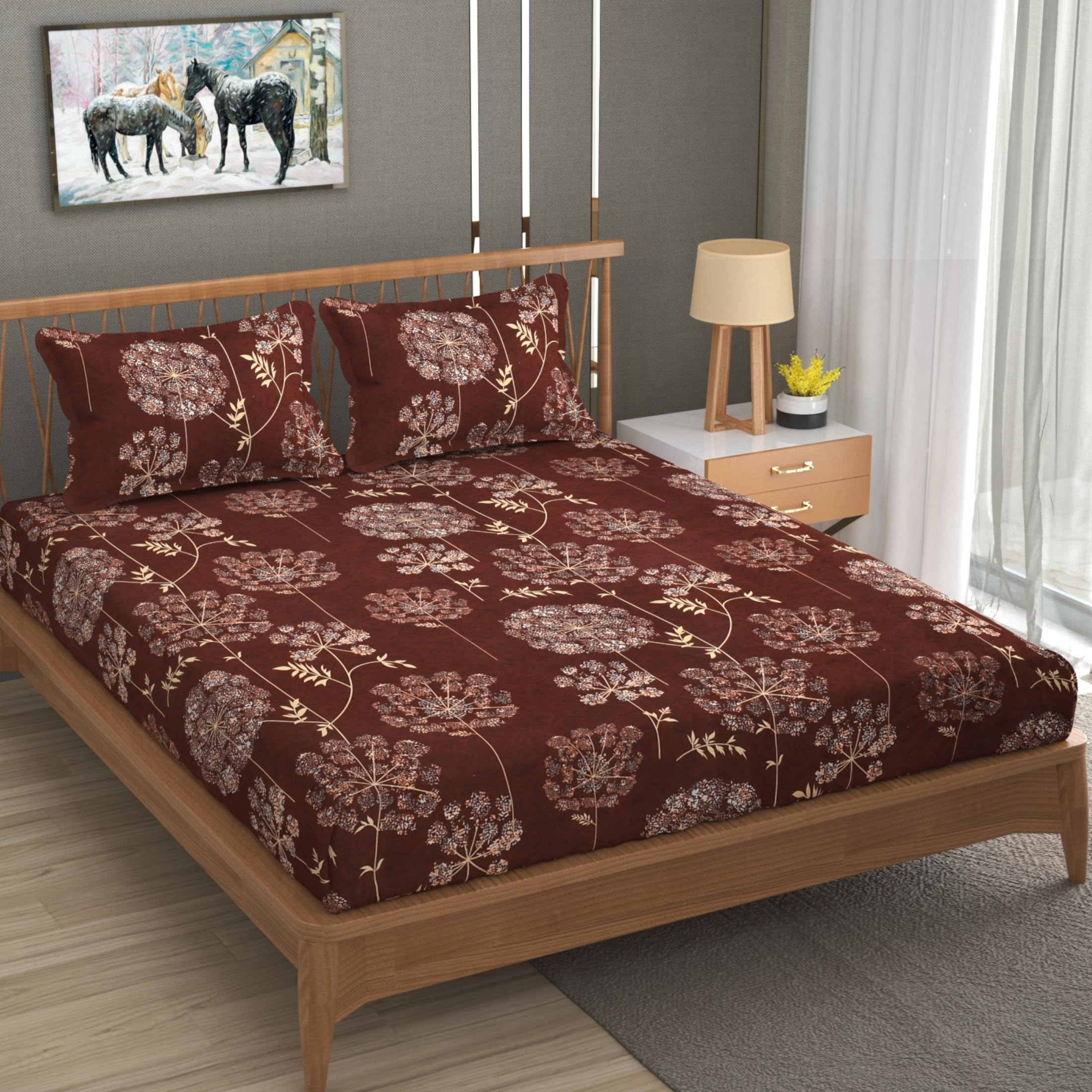 REALDREAM® bedsheet for Double Bed Elastic Fitted, King Size bedsheet with Elastic Fitted, Double bedsheet Cotton with 2 Pillow Covers (72 x 78 x 8 Inches) (Flower-Coffee) (B0D8ZJ62SB) Amazon Price History, Amazon Price Tracker