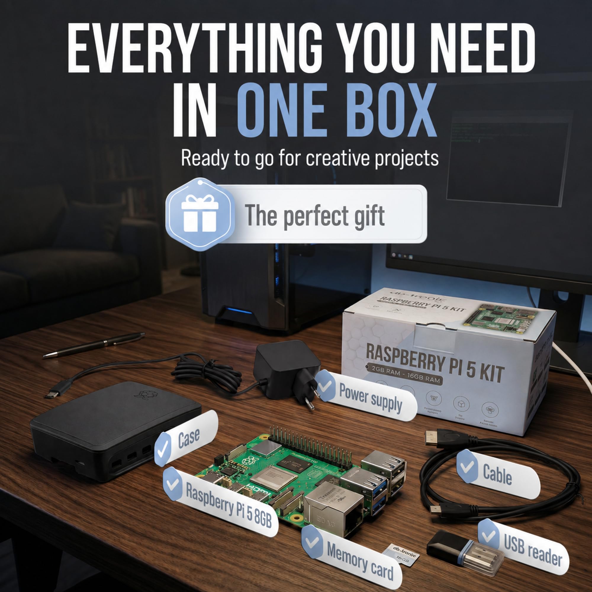 db-tronic Raspberry Pi 5 8 GB Starter Kit | Czarna edycja 64 GB | Zasilacz 27 W | Obudowa z wentylatorem | Micro HDMI 4K | idealny do Home Assistant i smart home