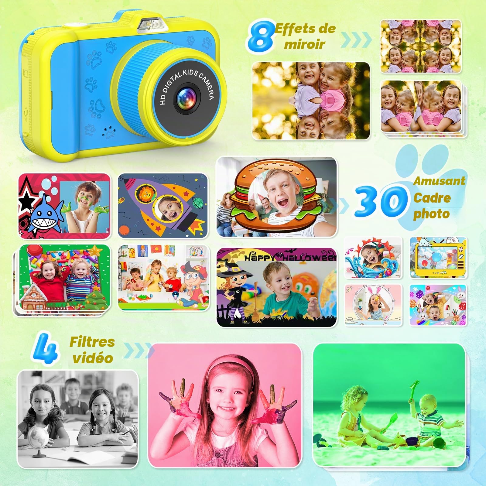 Ushining Appareil Photo Enfant, 3,5 Pouces Grand Écran 1080P Appareil Photo Numérique Enfant avec Objectif Zoom Rotatif à 360° Flash LED Carte de 32 Go, Caméra Vidéo Cadeau pour Enfants 3 à 12 Ans