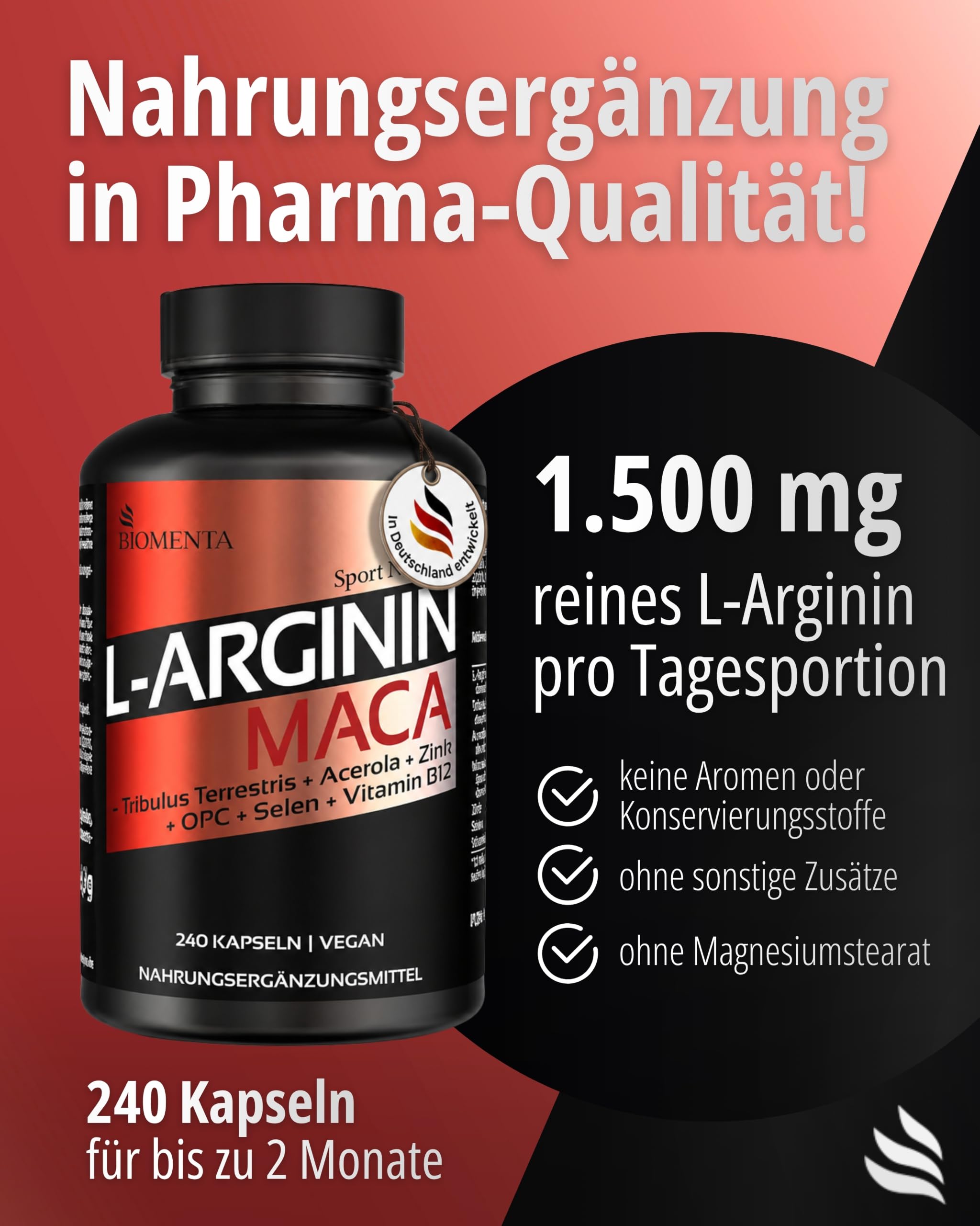 BIOMENTA L-Arginin + Maca Hochdosiert I 240 vegane Kapseln mit Zink, Selen, Vitamin C & 375 mg reinen Aminosäuren pro Einheit I Pflanzliche Nahrungsergänzung ohne Zusätze I Laborgeprüfte Qualität