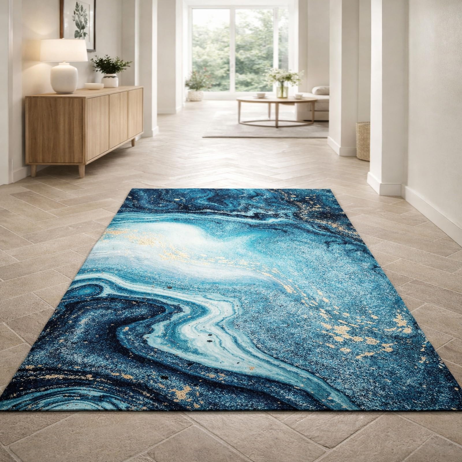 Tapis de chambre abstrait moderne facile à nettoyer bleu et jaune 120x200 cm