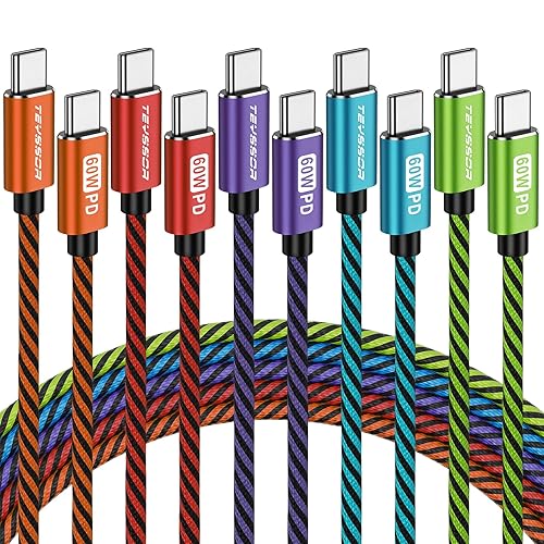 Teyssor USB C to USB C Cable, Type C Charger Cable 10FT 5-Pack 60W, USBC to USBC Fast Charging Cable for Phone 16/15 Series, Type-C Charge Cord for Samsung S23/S23+, MacBook, Pad Pro/Air - 10FT*5-Multicolor