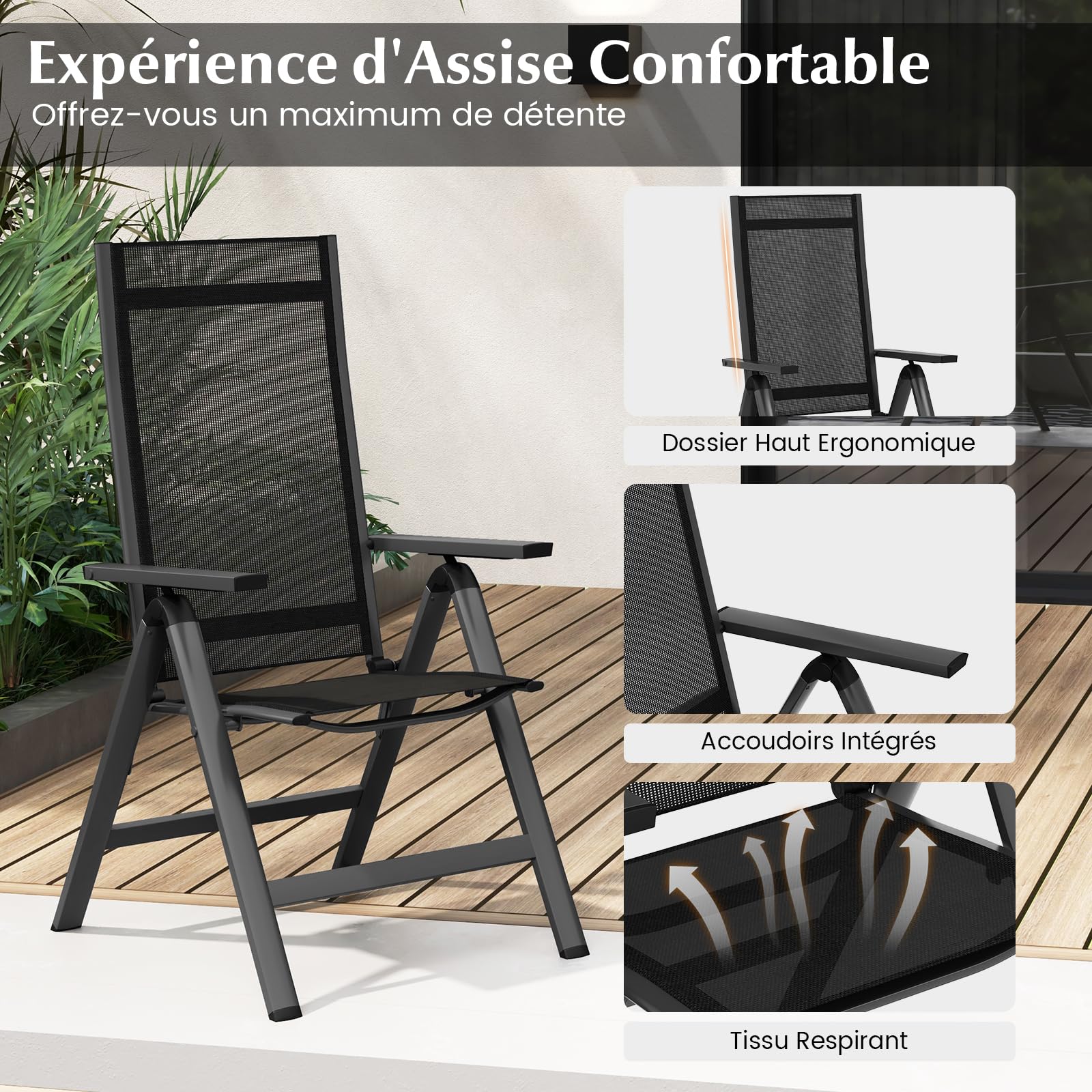 GOPLUS - 2 sillas de jardín al aire libre con respaldo ajustable en 7 posiciones, 73 x 58 x 107 cm, aluminio plegable y portátil, ideal para terraza