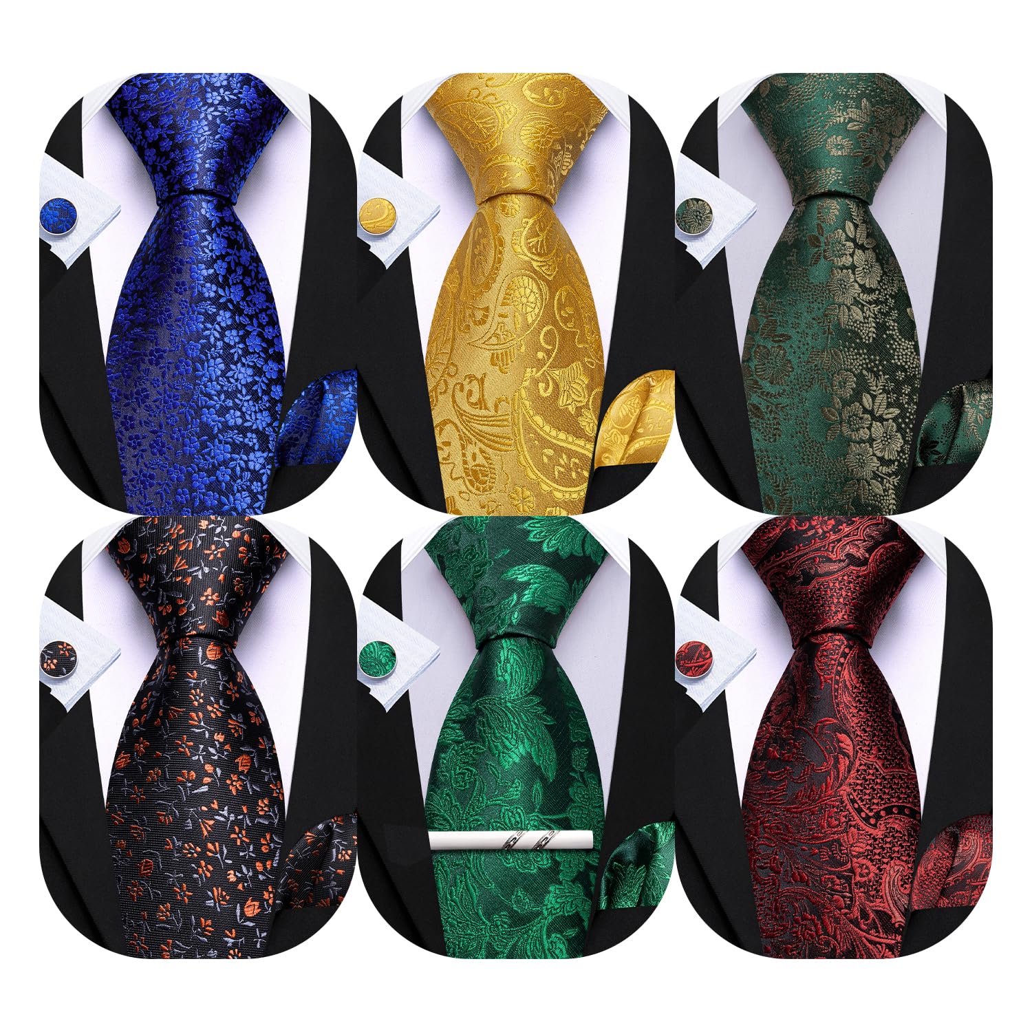 Barry.Wang Men 6PCS Tie Silk Gift Necktie Clip Woven Tie Sets Party