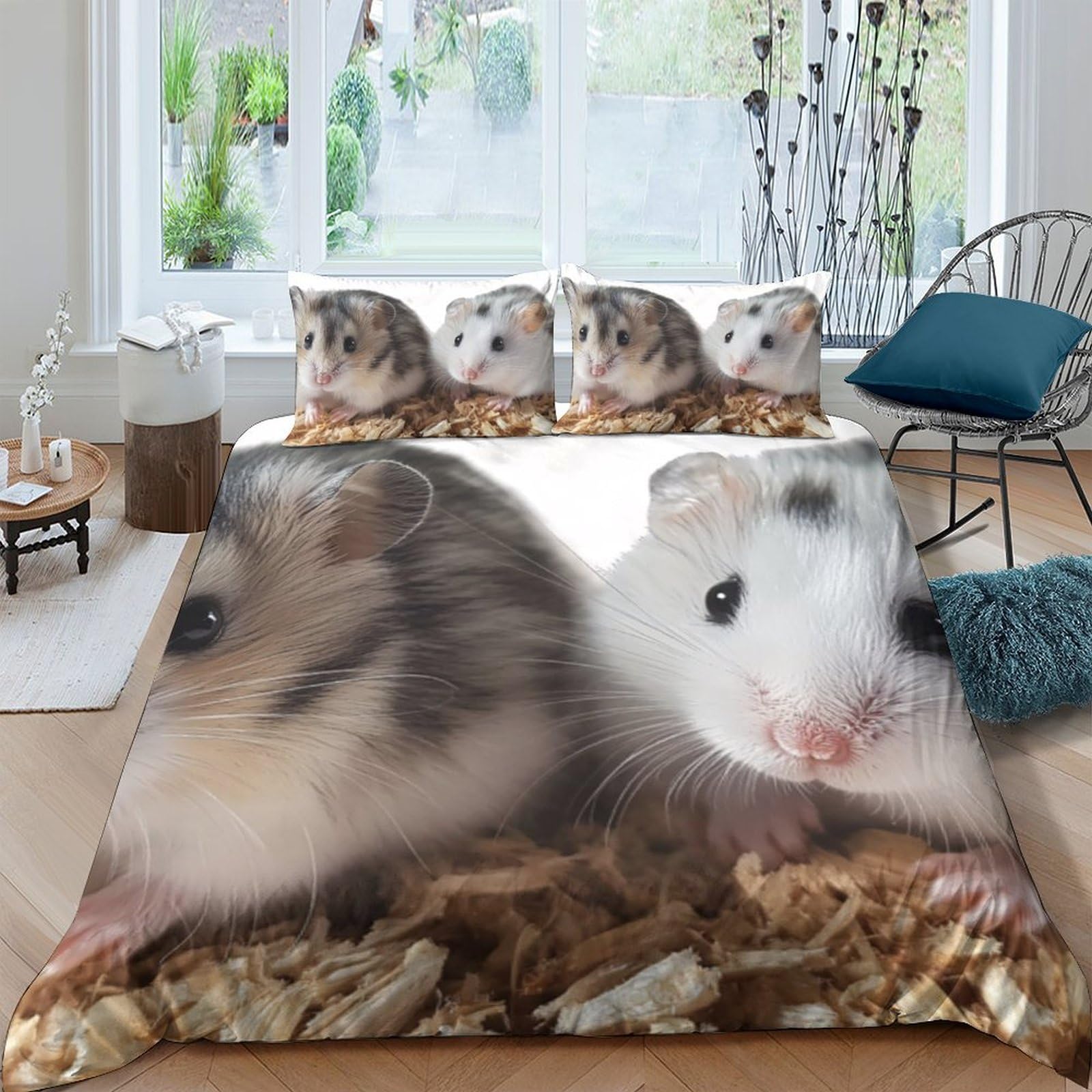 GPLZQXKJNH 3D Printed Hamster Animal Pattern Duvet Cover Microfiber Bedding Set with 2 Pillowcases for Bedroom Decor, Soft Breathable, Single（135x200cm）