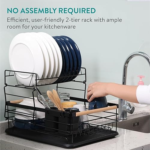Miniatura 9 de Navaris Dish Drainer Rack - Plate, Silverware, Pots and Pans Drying Rack for Kitchen with Beechwood Handles - Modern Retro Design Drip Tray - Black