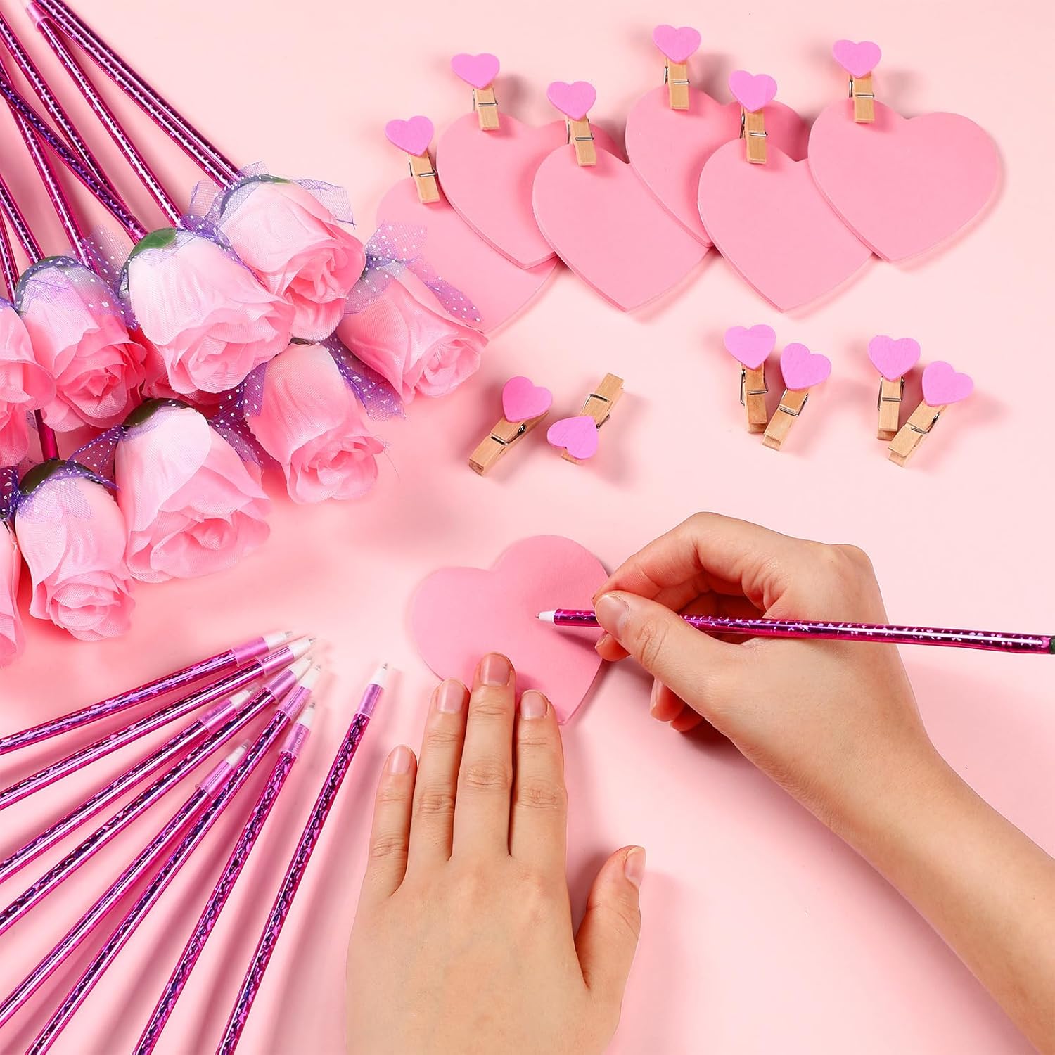 Yexiya 48 Sets Valentine's Day Flower Rose Pen Bulk Gifts with Sticky Notes Heart Clips Goodie Bags for Women Teacher Cowork Nurse Office Gift (Pink)
