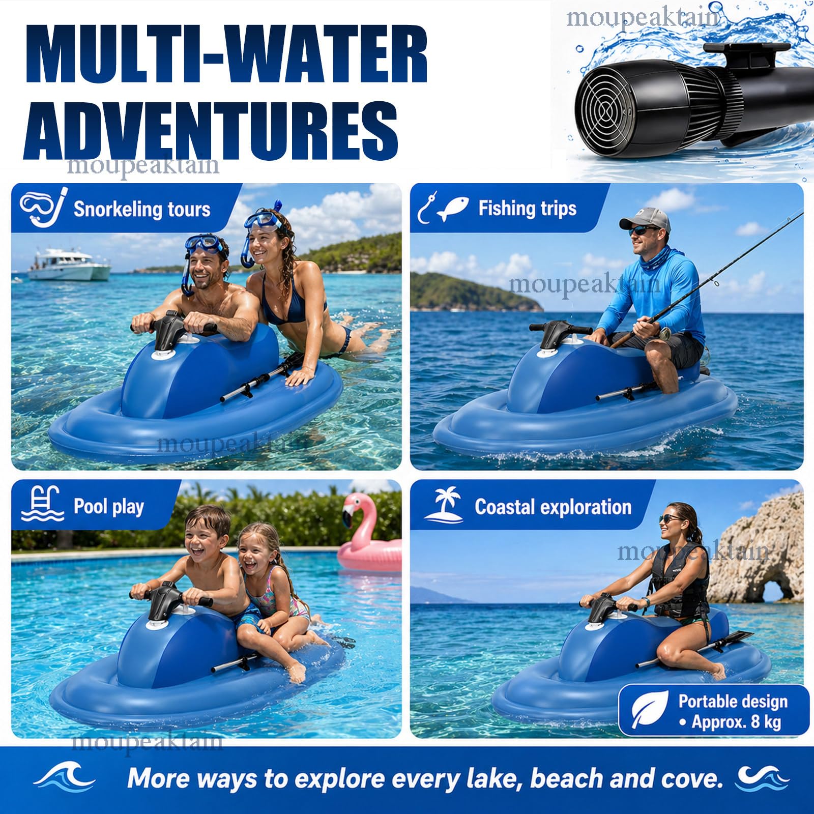 Barco Jet Eléctrico Hinchable para 2 Personas con Scooter Subacuático 500W/700W, Velocidad 3–9 km/h, Autonomía 130 min, Profundidad 40 m – para Buceo, Pesca y Aventuras en la Costa 16A