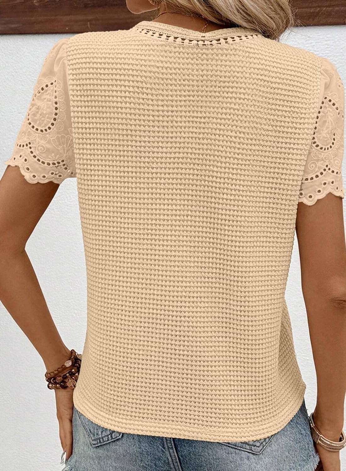 SHEWIN Womens Frenchy Summer Tops Crewneck Short Sleeve T Shirts Casual Waffle Knit Jacquard Blouses Top Shirts - Image 2