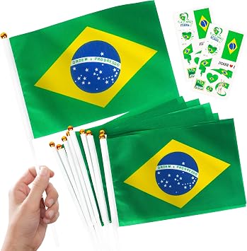 10pcs Brazil Flags Hand Held Mini Small Brazil Flag on Sticks & 2pcs Tattoos,World Cup Football 2026 Brazilian Tournament Flags Decorations for football fans Game Day National Day Pub Party Decor