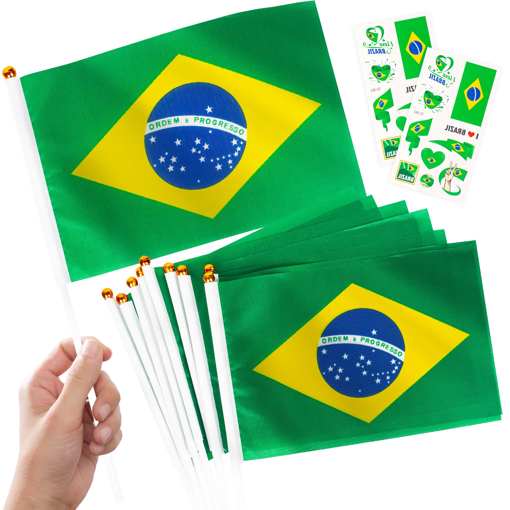 10pcs Brazil Flags Hand Held Mini Small Flag on Sticks & 2pcs Tattoos,World Cup Football 2026 Brazilian Tournament Flags Decorations for football fans Game Day National Day Pub Party Decor