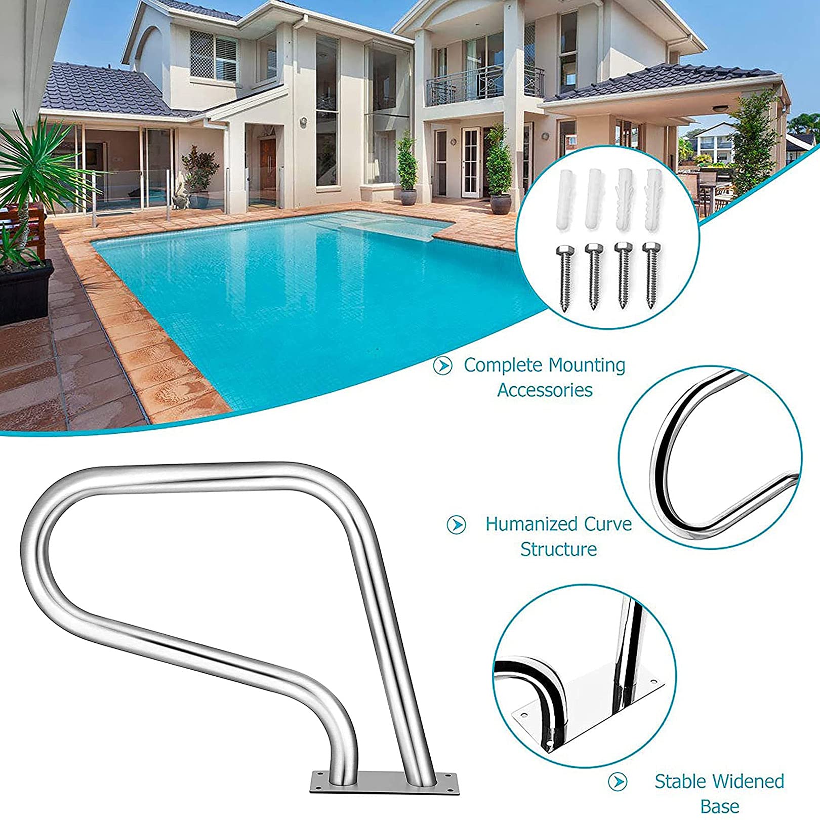 IBOWZ Barandilla Acceso Piscina Pasamanos de Piscina,pasamanos de fácil Montaje con Placa Base,pasamanos de SPA con Mango de Acero Inoxidable 304 para Entrada de Piscina enterrada Interior y exter