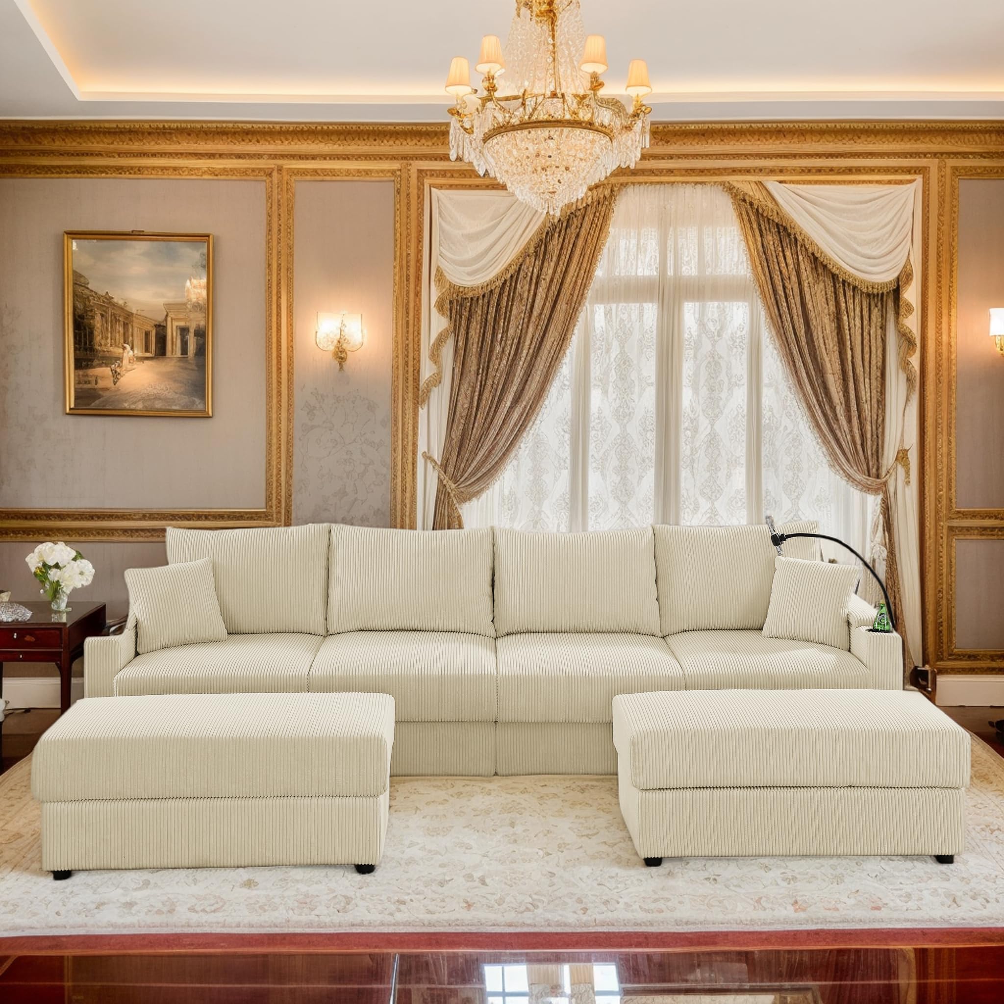 132" W U-Shaped Convertible Couch with Phone Holder & Cup Holders, Oversized Sectional Sofa with Armrests Storage, Easy Assembly, Corduroy Sectional