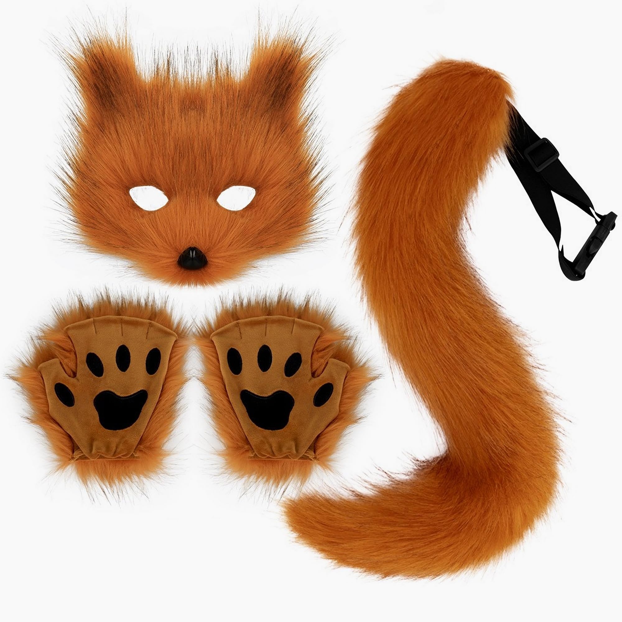 Therian Mask Tail Gloves Paw Set Animal Gear Cat Fox Wolf Masks Dress Up Cosplay Party Women Furry Faux Fur Fingerless (Reddish Brown)