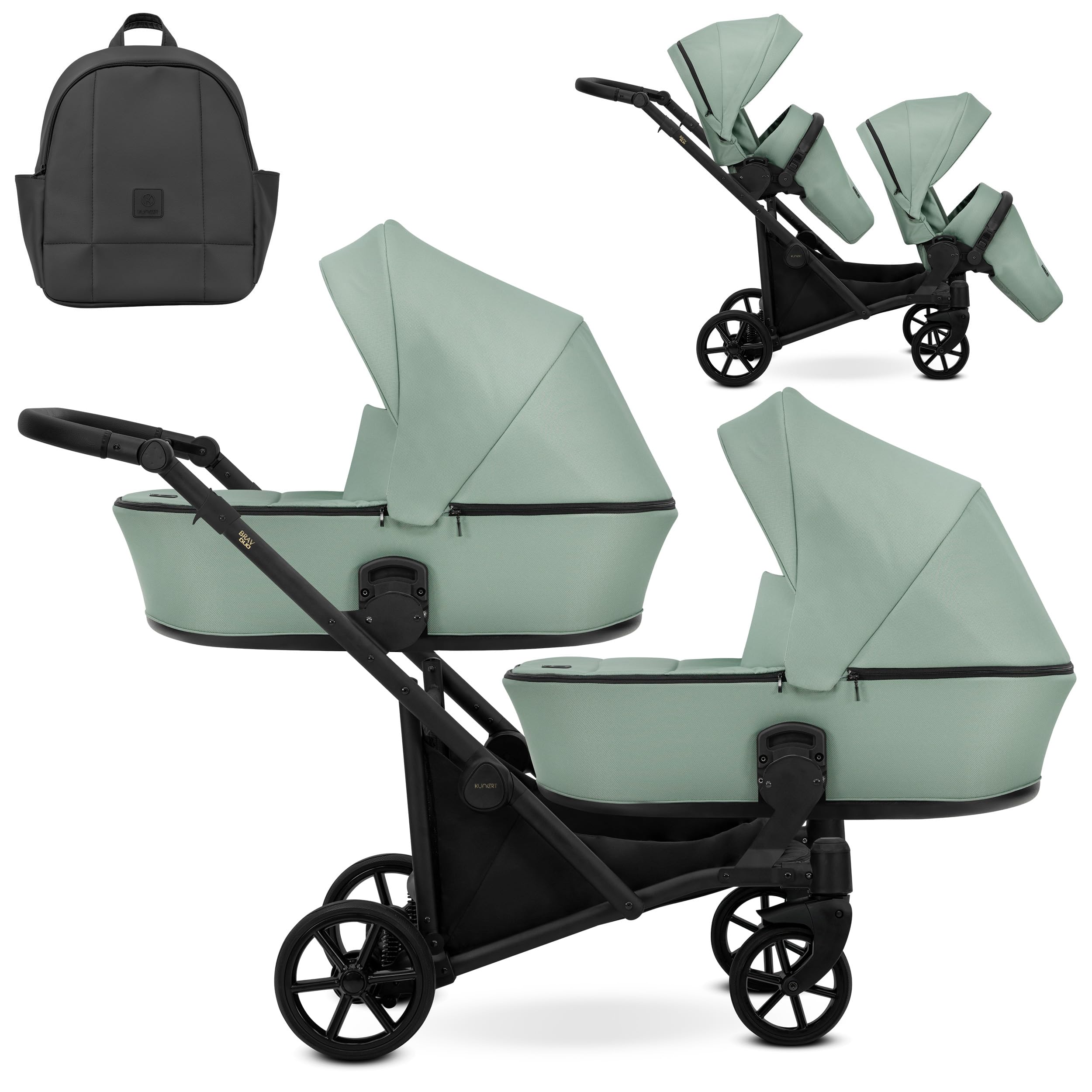 Kunert BRAV DUO Passeggino Gemellare 2 in 1+Accessori: Comfort, Sicurezza, Praticità, design elegante e funzionale, sistema versatile, telaio in alluminio (menta/telaio nero)