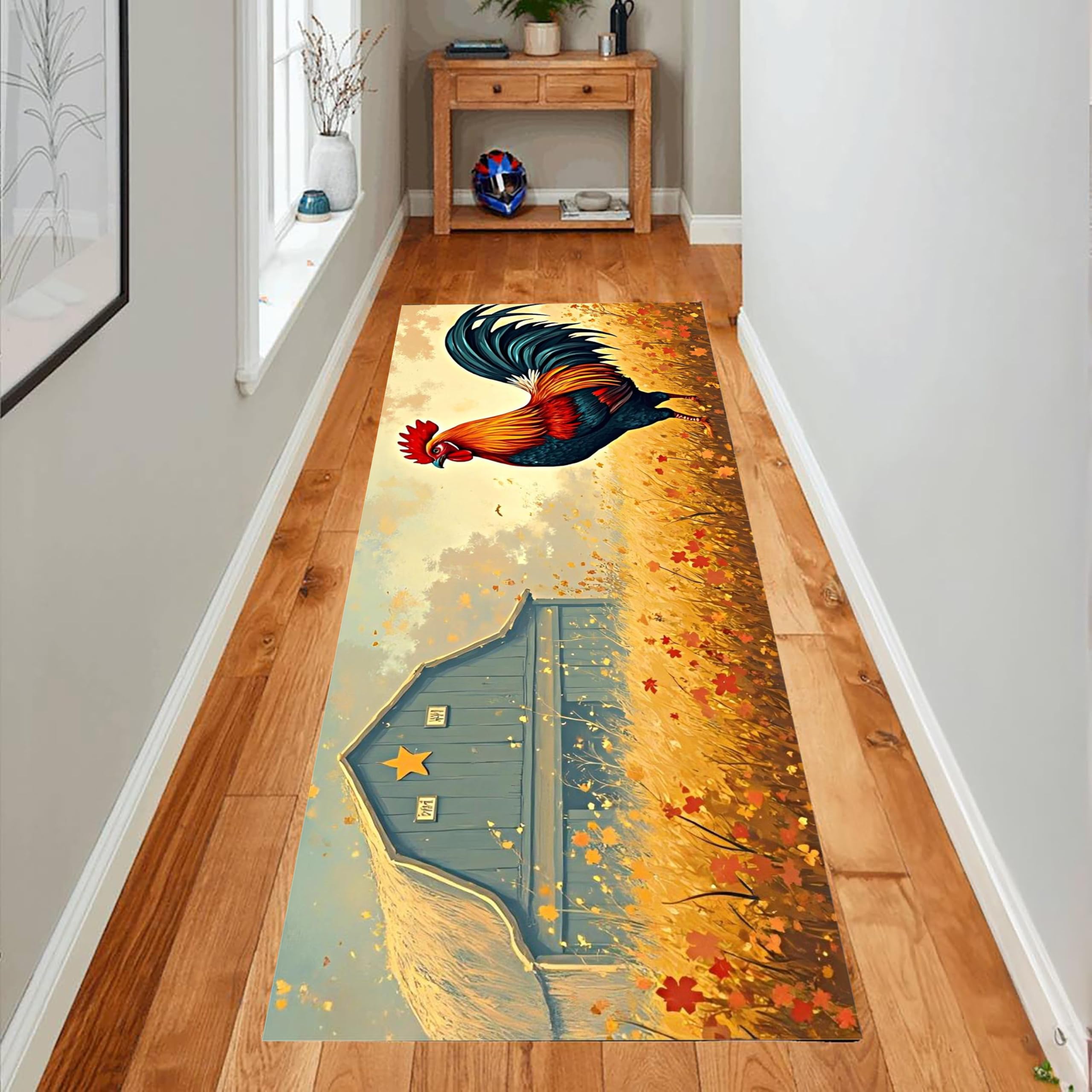 Rooster Runner Rug, 3.3x7ft, Vintage Rooster Retro Flower Barn Wheat Hallway Kitchen Area Rugs, Washable Non-Slip Indoor Entryway Door Mat, Floor Mat