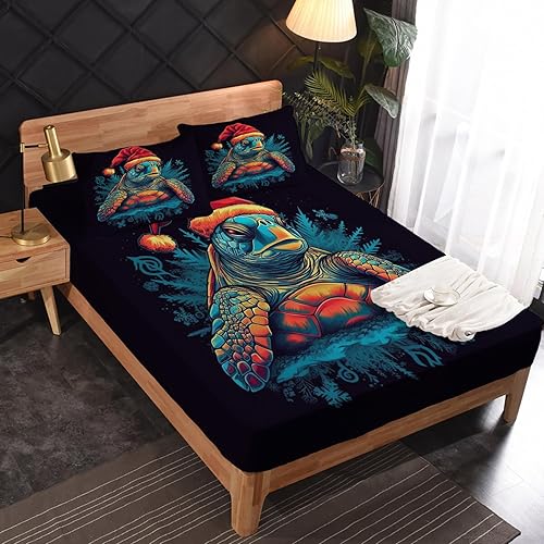 Miniatura 2 de Sábanas de tortuga de Navidad tamaño California King, sábanas de cama de animales marinos de Navidad, microfibra suave, bolsillo profundo, sábanas y