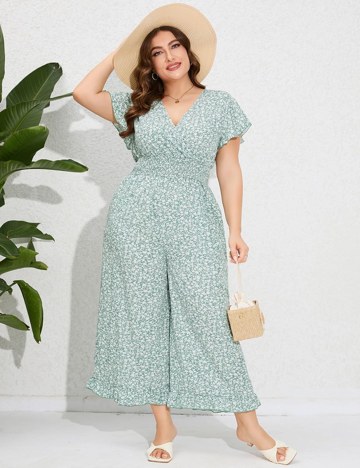 ShopWonder Plus Size Loose Jumpsuits for Women Summer Short Sleeve One Piece Outfit Elastic Waist Wide Leg Floral Jumpsuits - Image 4