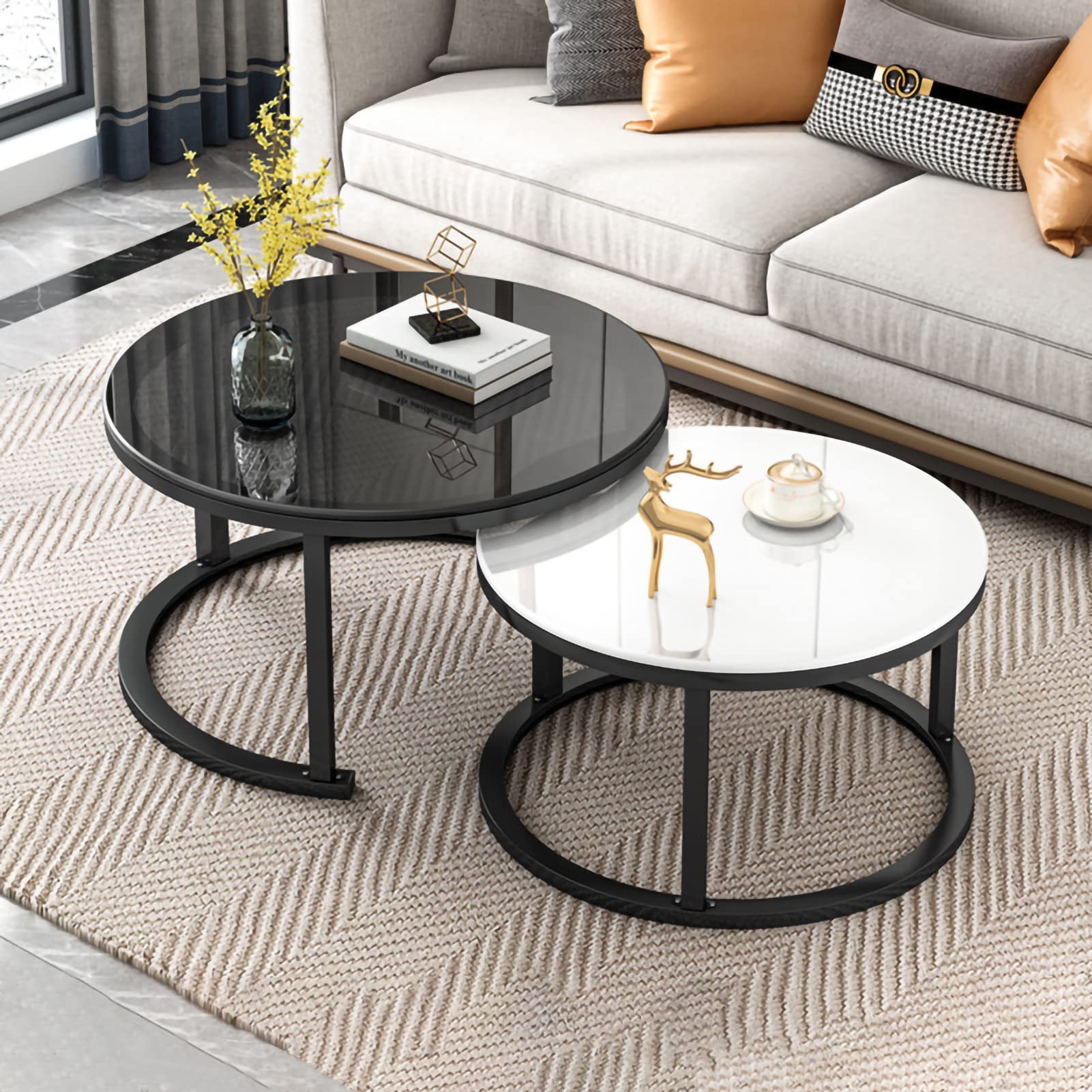 Table basse ronde en verre gigogne et métal pour canapé