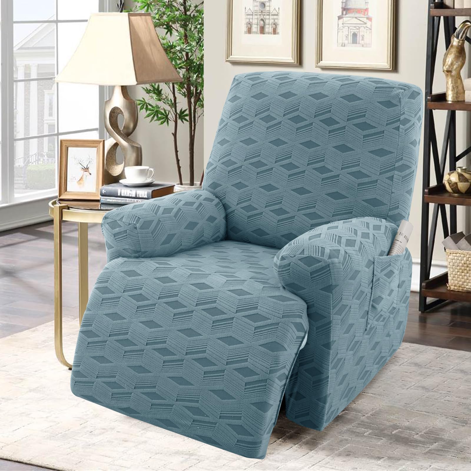 OKYUK Fundas para sillas reclinables, Funda elástica de Jacquard reclinable, Protector de Muebles para niños y Mascotas, Fundas Antideslizantes para reclinables con Bolsillos Laterales para