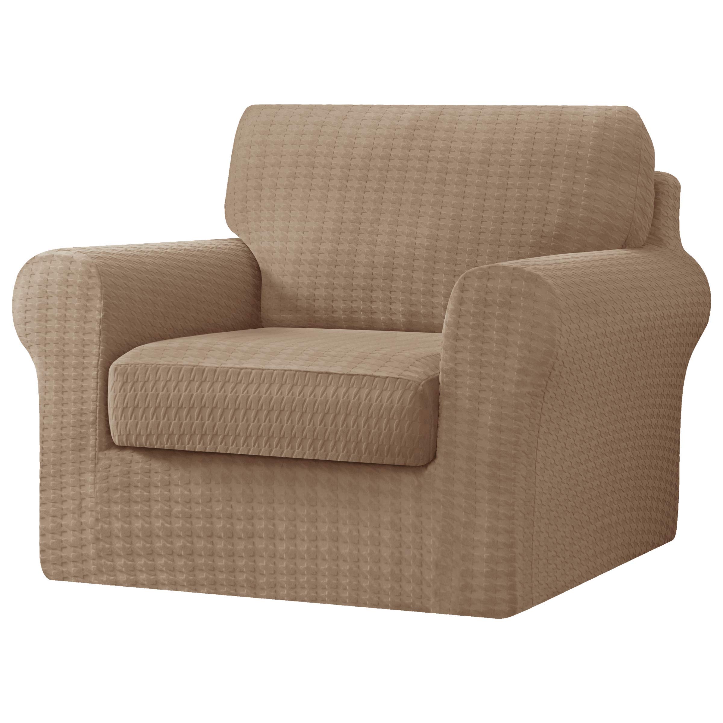 CHUN YI3 Piece Armchair Sofa Cover, 1 Seater Stretch Couch Slipcover with One Separate Backrest and Cushion with Elastic Band, Houndstooth Fabric(Camel)