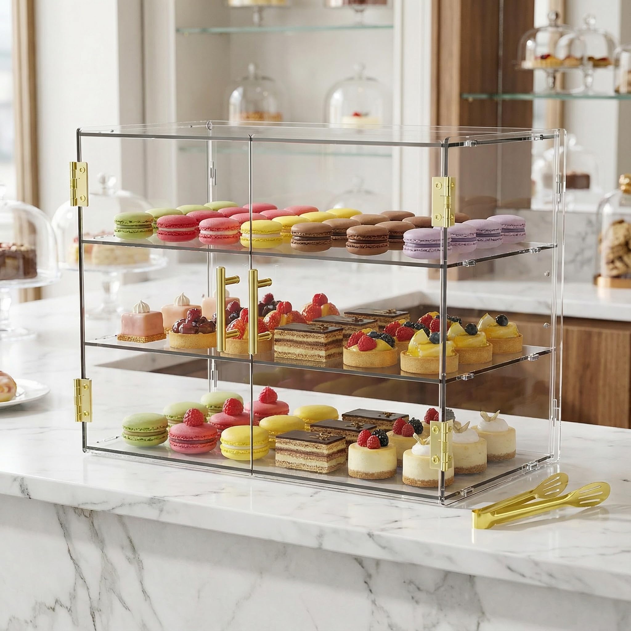 Vetrina da banco a 3 livelli con sportello automatico elastico, 49,5 x 37,8 x 26,2 cm, vetrina per pasticceria in acrilico, per pane, dessert, biscotti
