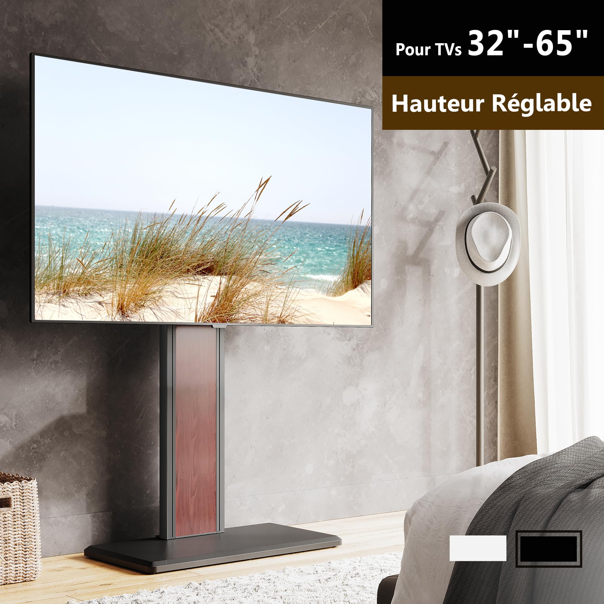 FITUEYES Support TV Pied, en Fer et Bois, 32-65 Pouces, VESA 400 x 400 mm | pour Salon, Chambre et Bureau, Hauteur Réglable, Angle Réglable ±20°, Charge Maximale 40 kg