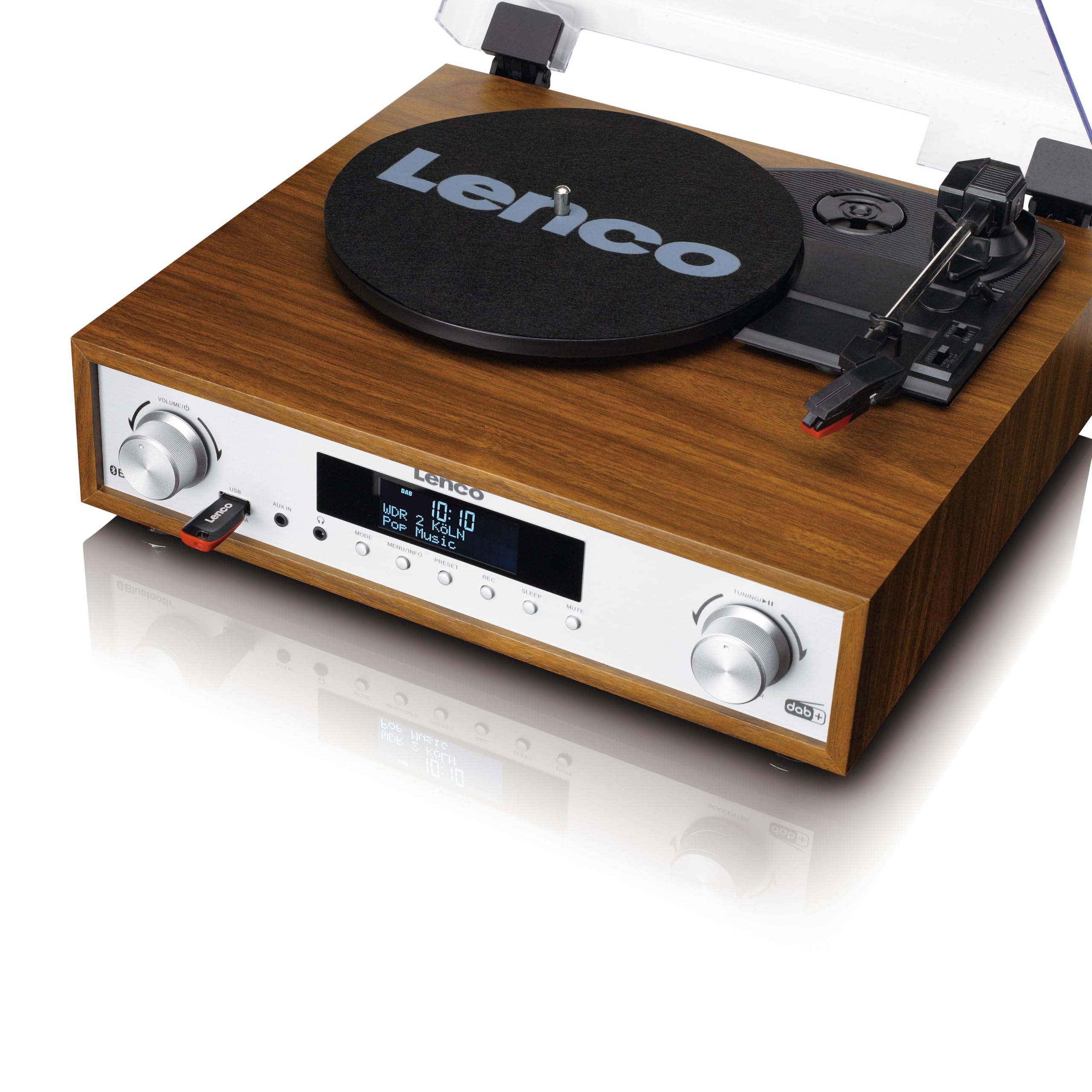 Lenco MC-160WD Impianto stereo con giradischi - Radio DAB+/FM, Bluetooth 5.0, codifica MP3 diretta da vinile su USB, trazione a cinghia, 3 velocità, altoparlanti in legno 2x10W, telecomando