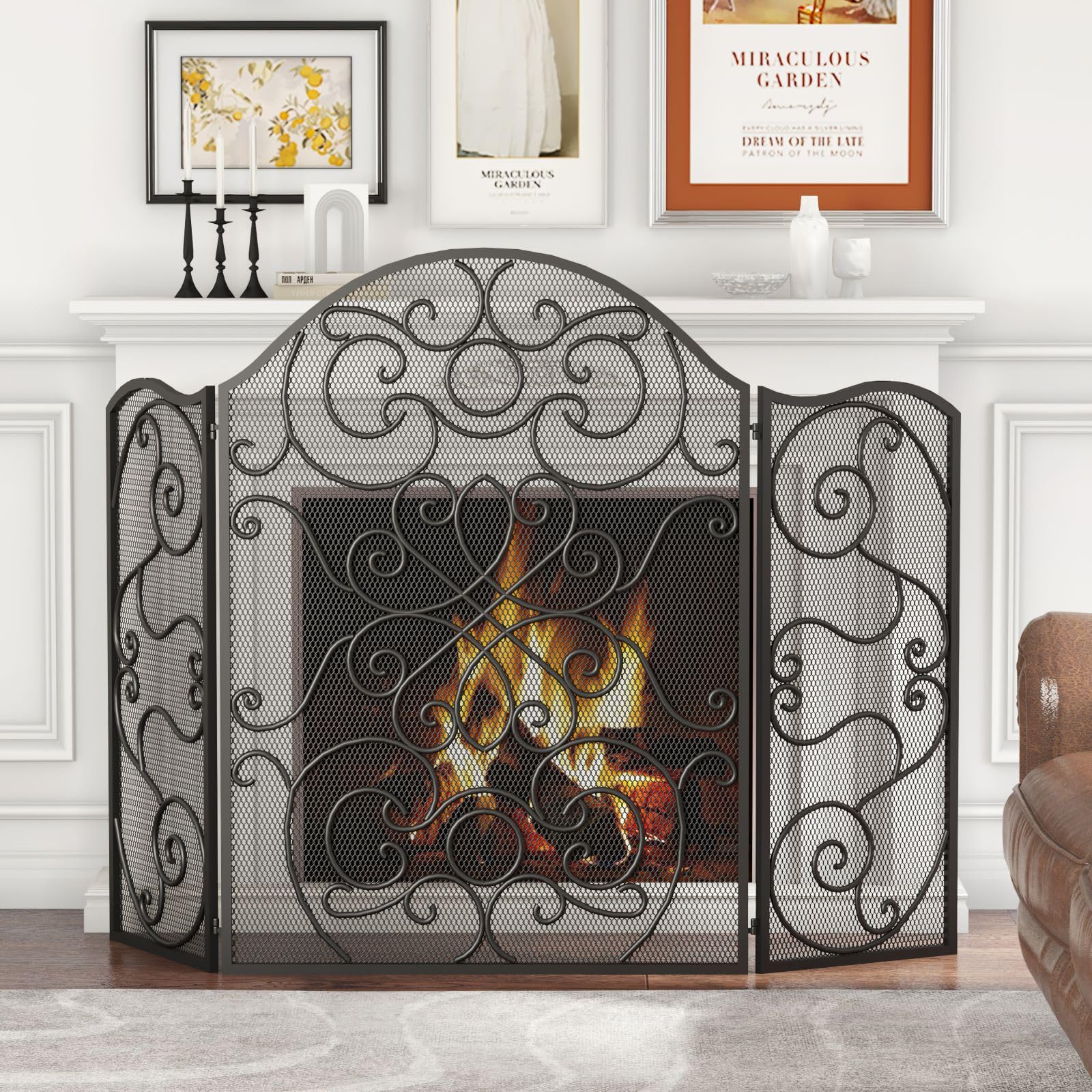 JUNTITE Fireplace Screen,3-Panel Simple Steel Mesh Fireplace Screen, Fire Spark Guard Grate for Living Room Home Decor w/Rustic Worn Finish, 51.1" L x 36.2" H, Black