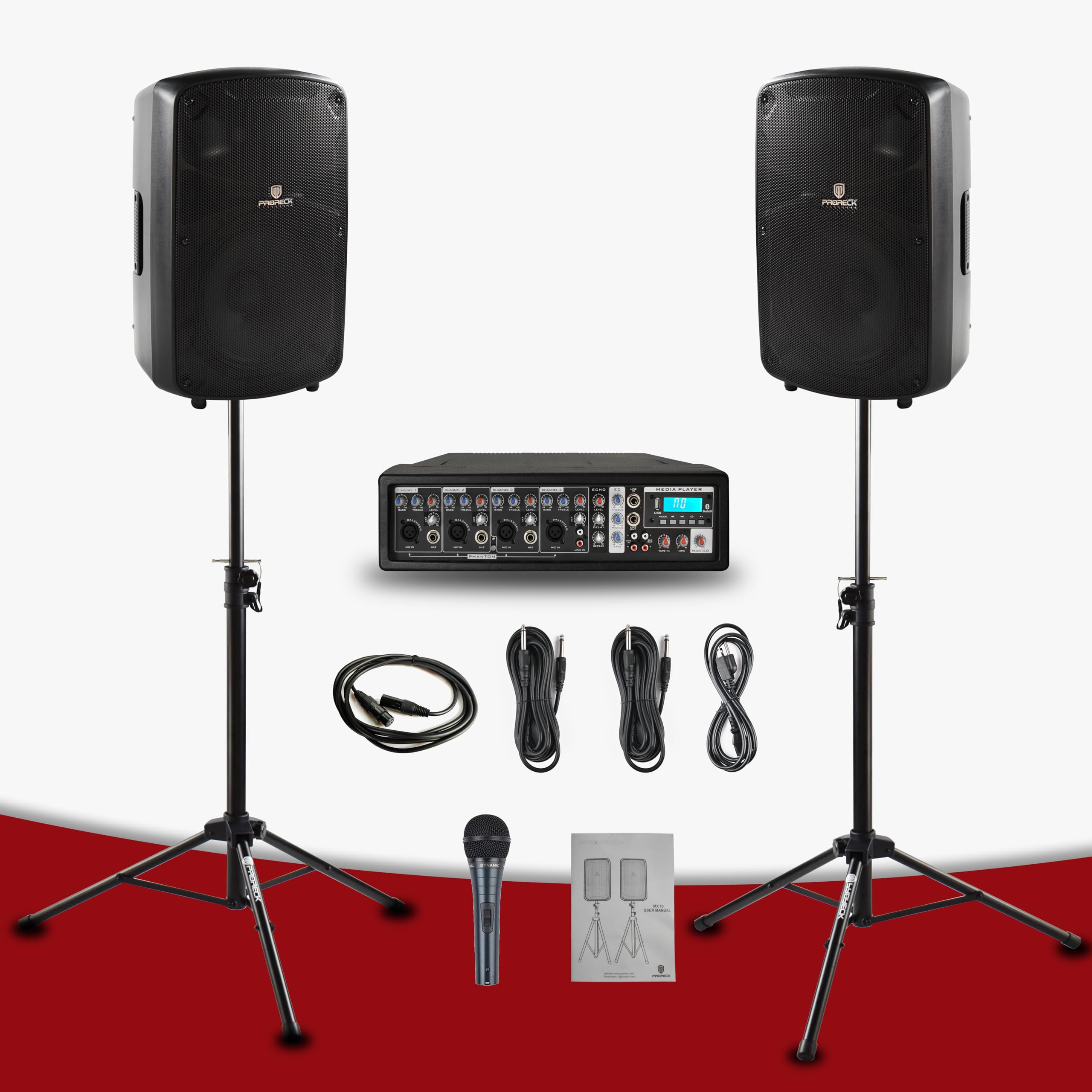 PRORECK MX10 1600W 6-Kanal Aktiv-Mischpult mit Bluetooth & 10 Zoll (25,4 cm) passiven Lautsprechern – PA-System inkl. Ständer und Mikrofon