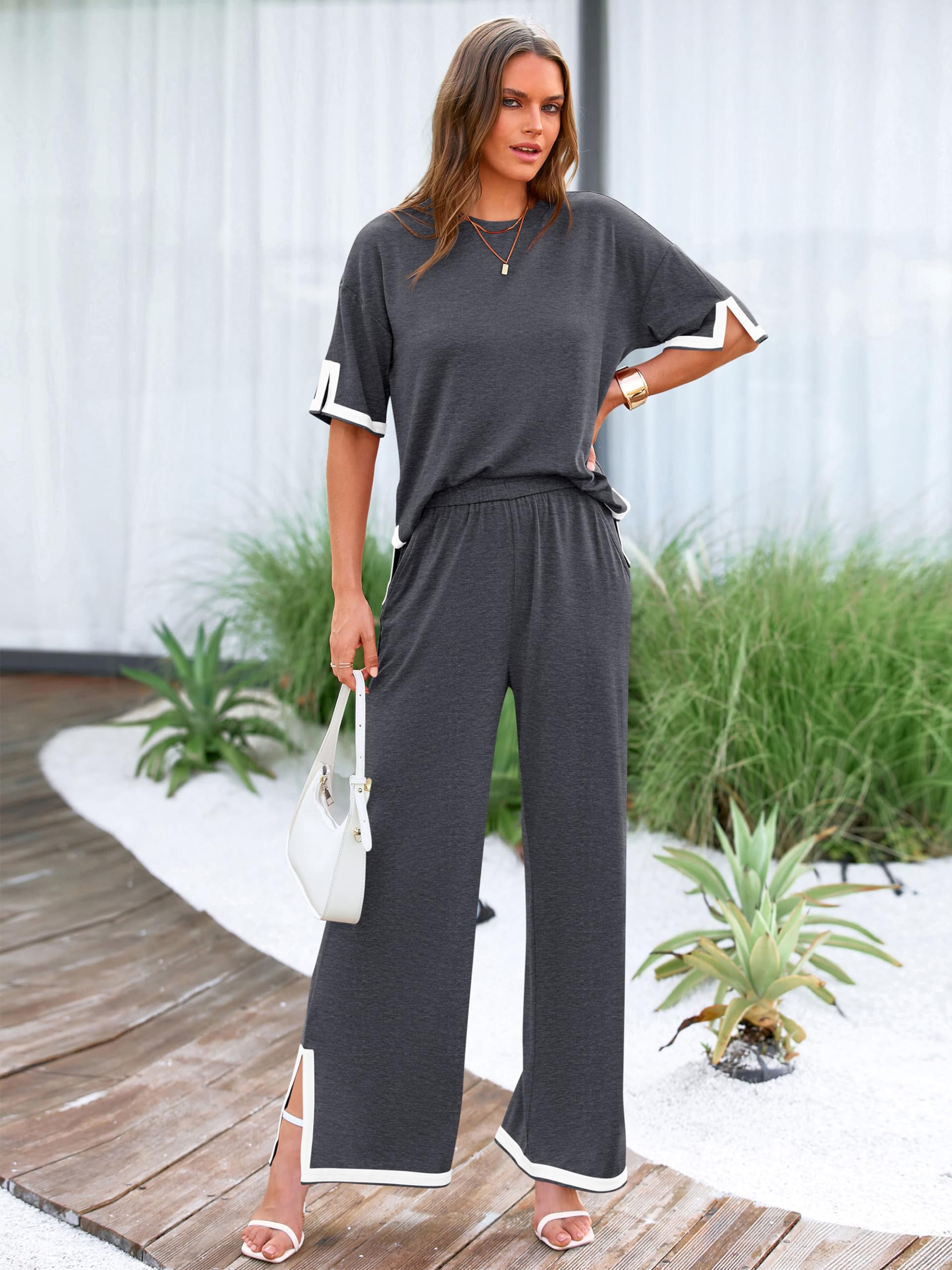 MASCOMODA Abito estivo da donna, 2 pezzi, girocollo, maniche corte, pantaloni lunghi, gambe larghe, set di relax coordinato