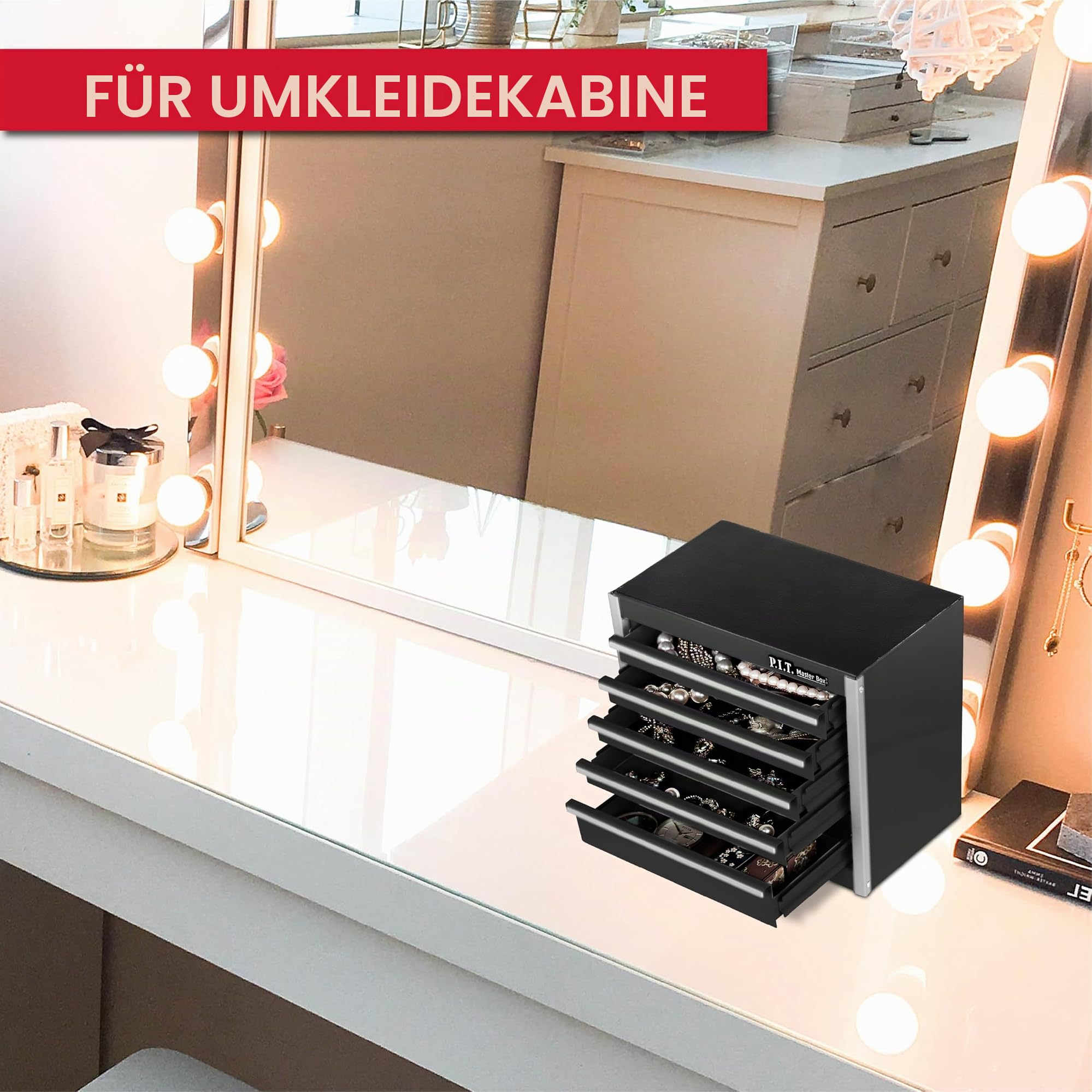P.I.T. Werkzeugkiste Metall mit 5 Schubladen, Werkzeugkoffer leer,Schwarz