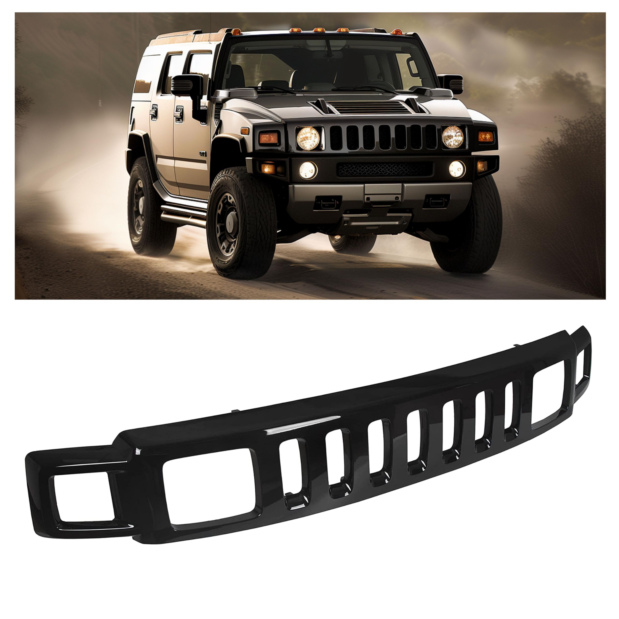 HECASA Front Grill Compatible with 2006-2010 Hummer H3 Upper Face Bar Grille Shell and Insert Assembly ABS Gloss Black