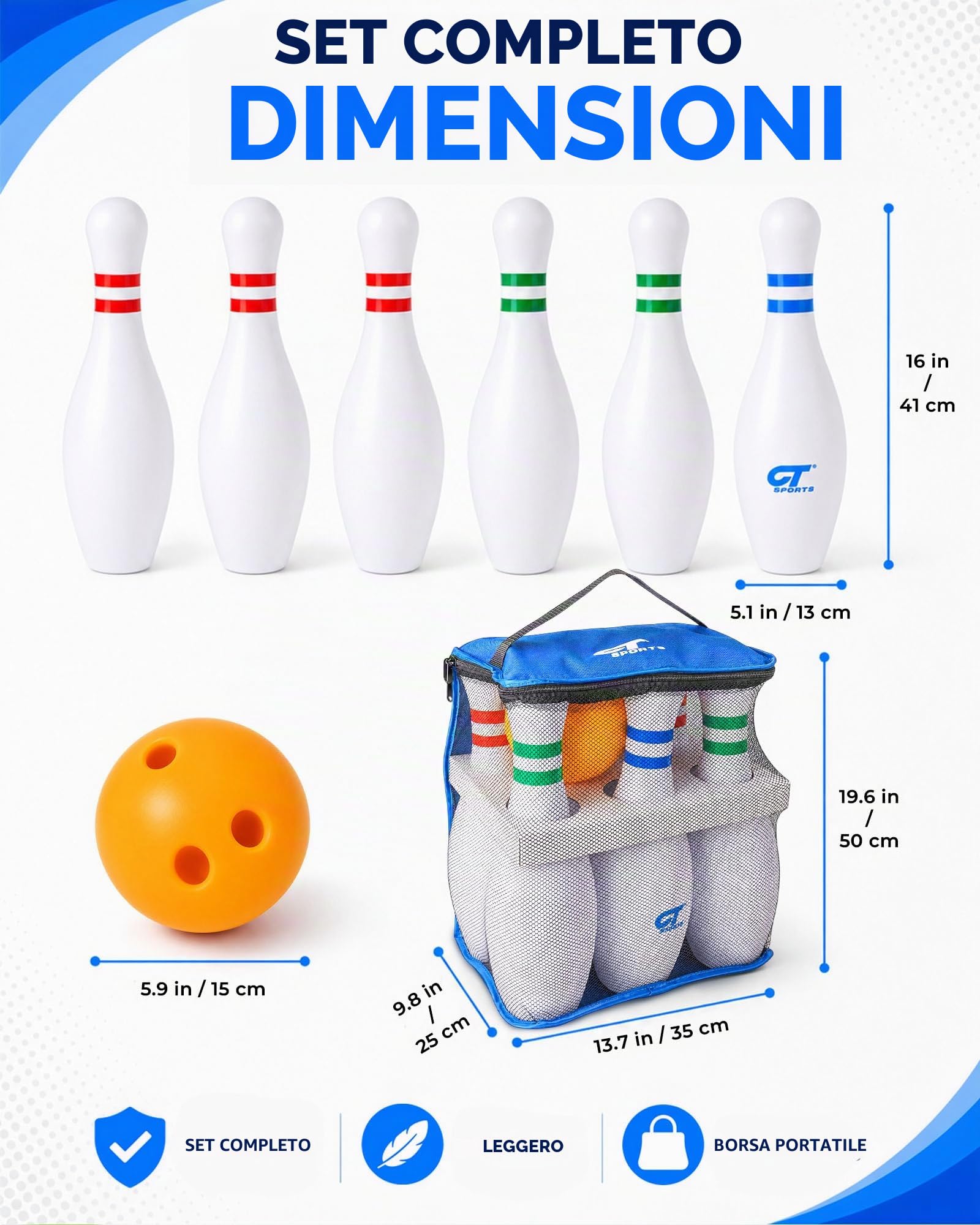 Set di bowling gigante per adulti – 6 birilli jumbo, palla e borsa da trasporto – Gioco per prato all'aperto e al chiuso – Gioco per feste in giardino, barbecue, team building ed eventi
