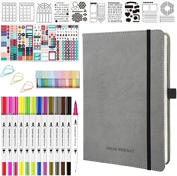 Y&I Bullet Dotted Journal Kit, A5 Hardcover Dotted Journal Notebook with 200 Pages, 120GSM Thick Paper, Stencils Stickers Pens Washi Tapes, Dotted Journaling Kit for Beginners Women Teen Girls Gray