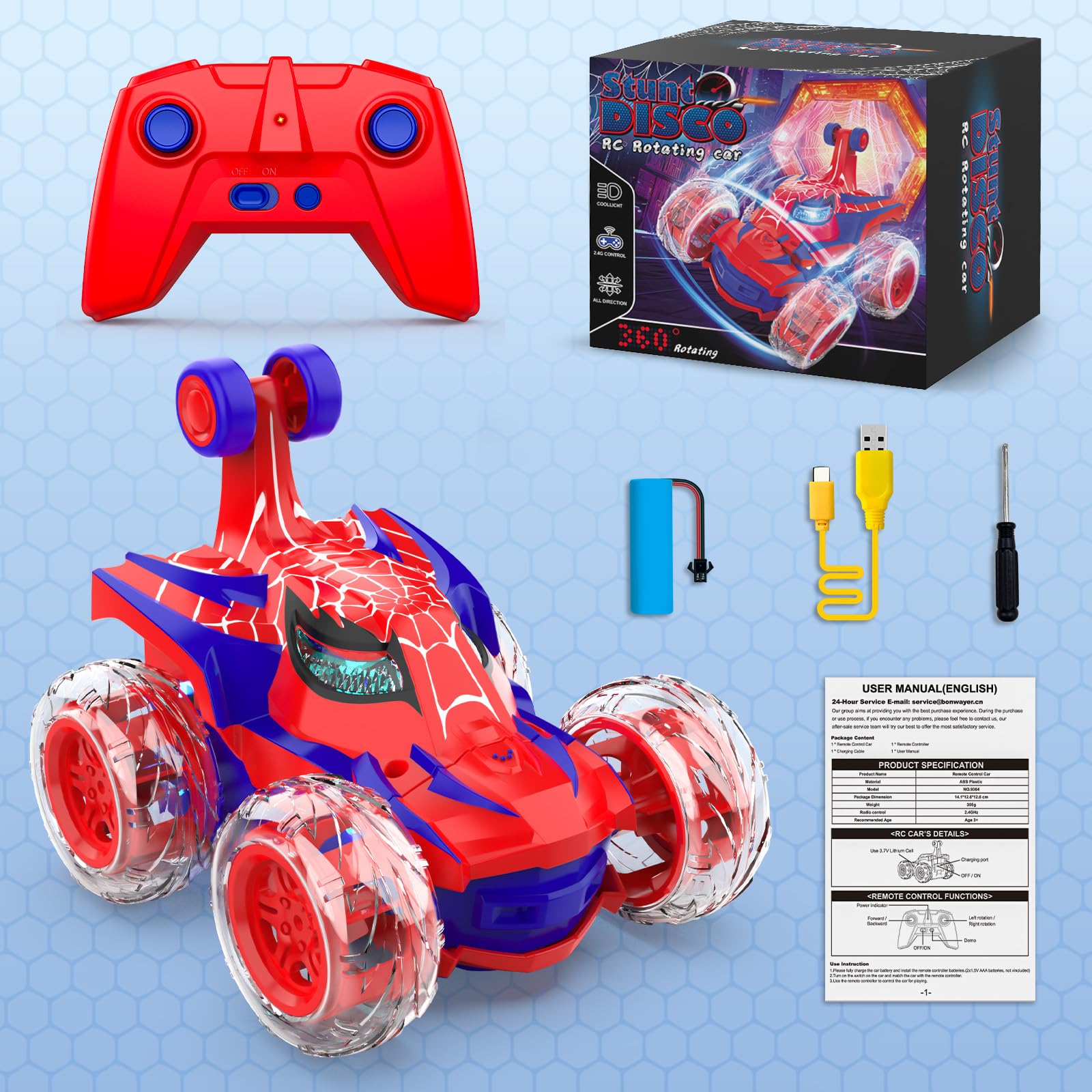 Coche Teledirigido Spider, 2.4Ghz Radiocontrol Monster Truck con Luces RC Juguetes Niños Niñas 3 4 5 6 7 8 9 10 11 12 Años, 360° Carro Telecomandado Infantiles Regalos Cumpleaños Navidad