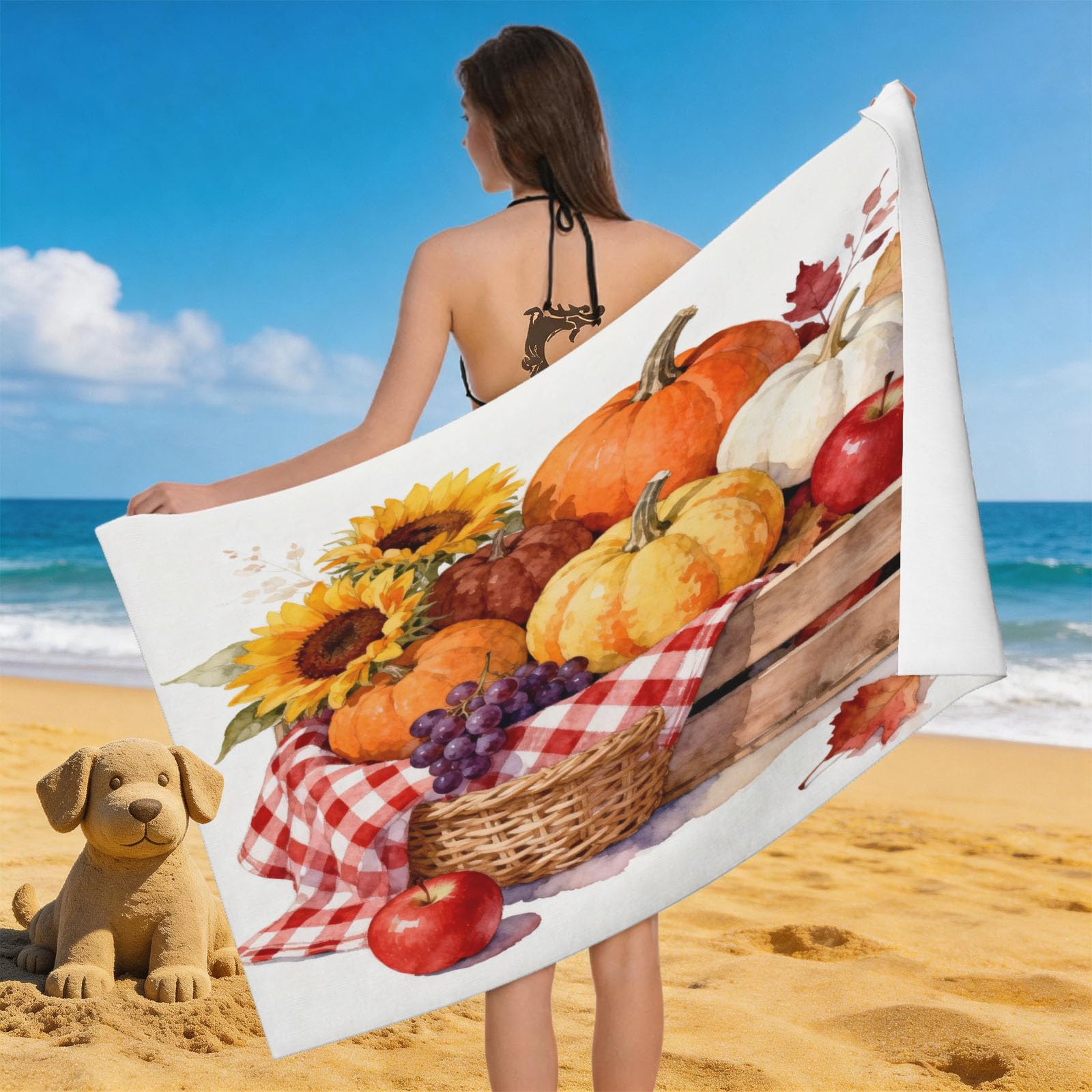 Leichong 3D Cartoon Pumpkin Beach Towel Large Microfiber Soft Quick Dry for Adults, Minimalistic Bath Towel Lightweight Soft Absorbent for Travel Swimming Pool Sports, 180 x 90 cm