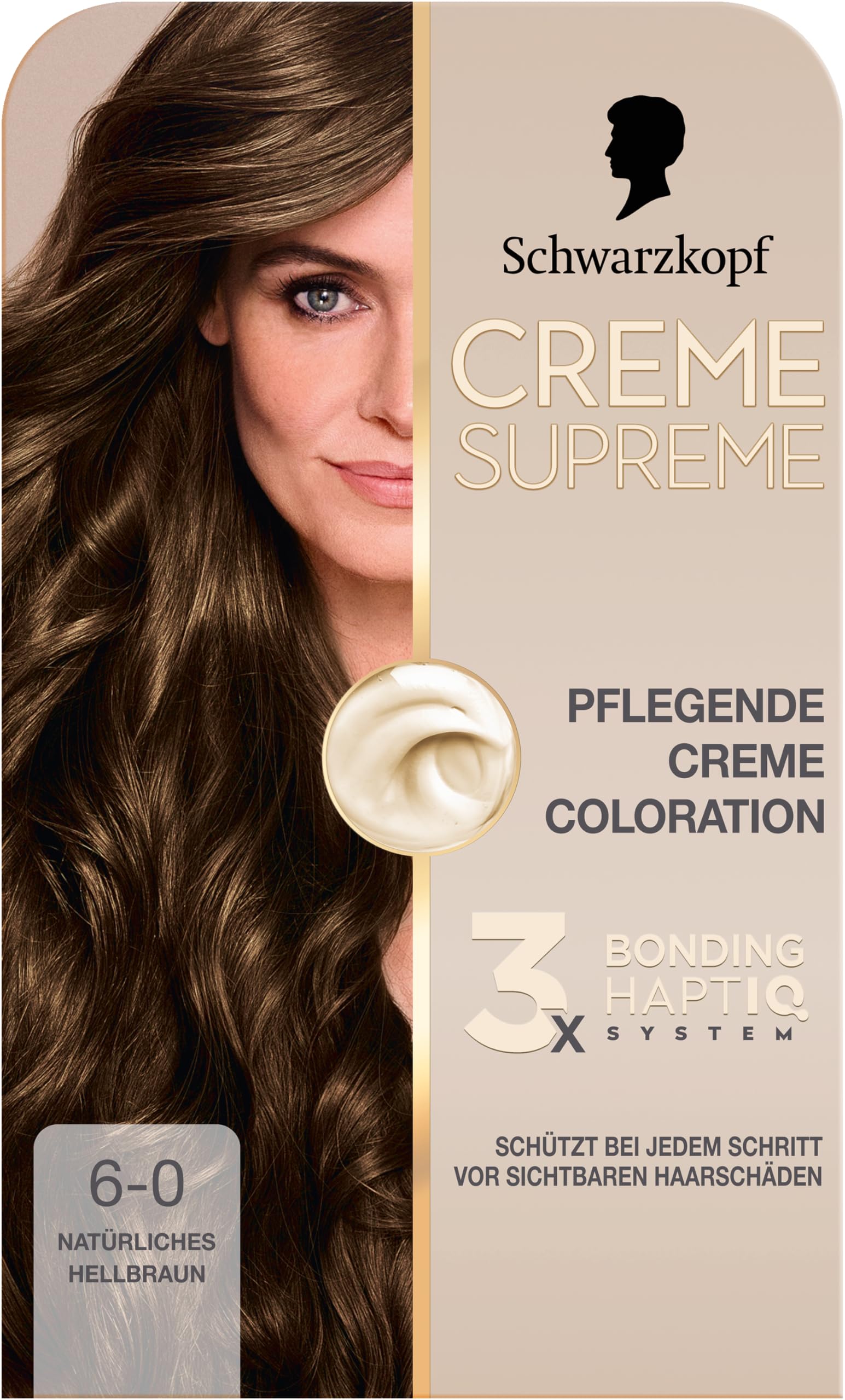 Schwarzkopf Creme Supreme, Pflegende Creme Coloration 6-0 Natürliches Hellbraun, intensive Haarfarbe mit 3x Bonding HaptIQ System, Colorationscreme mit 100% Grauabdeckung