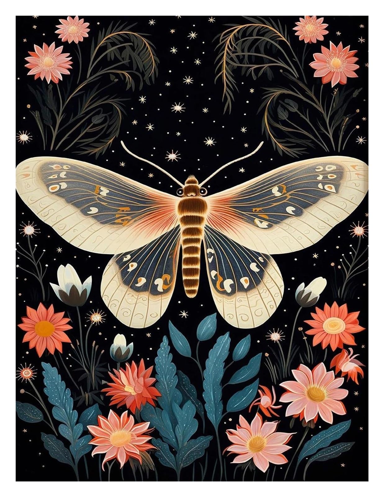 Xenite Q Wall Art Canvas Prints Boho Floral Dark Academia Blue Moth Black Butterfly Poster Prints Canvas Painting Botanical Wall Art Pictures Home Decoration(,30X40cm)