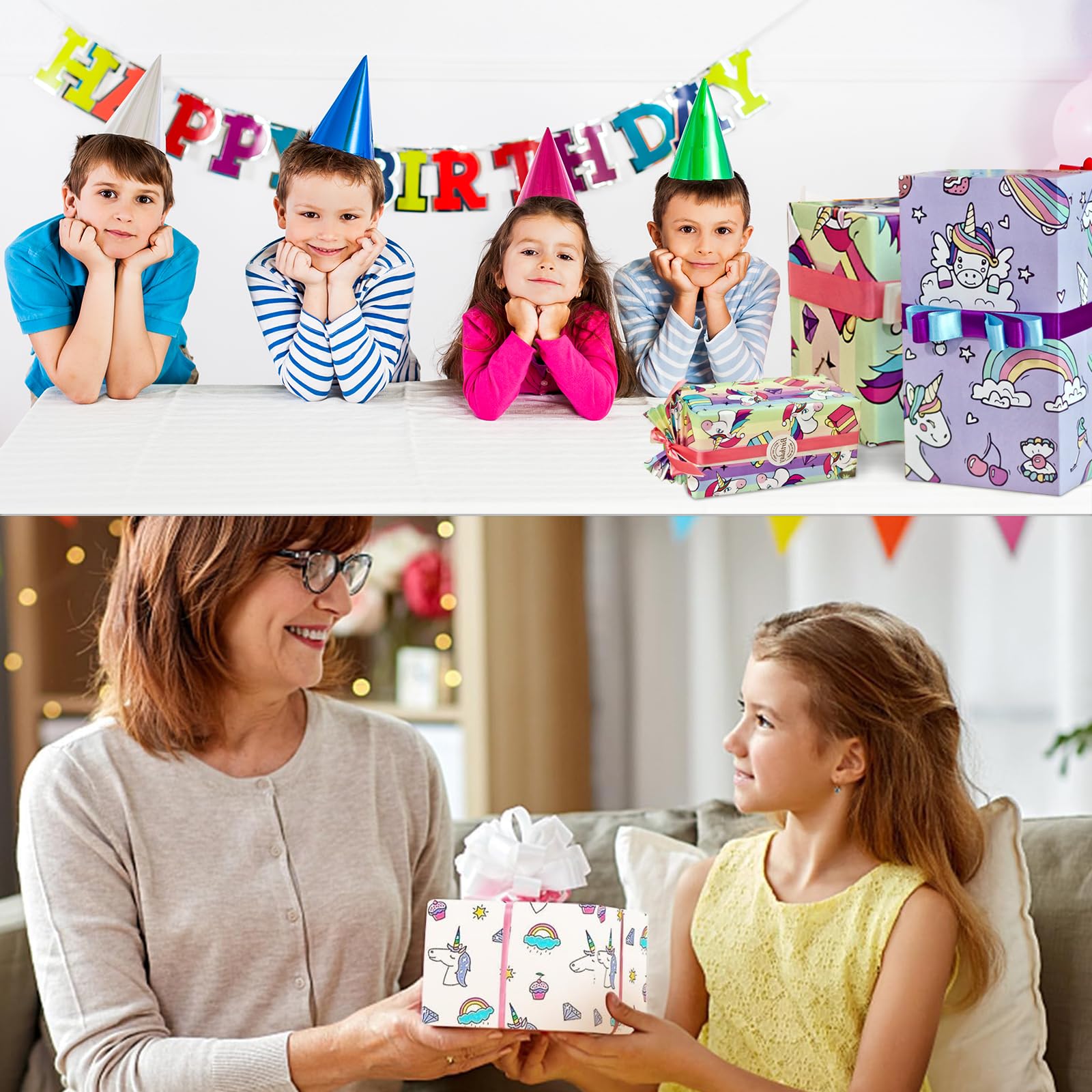 4 Piezas Papel Regalo Niños, Unicornio Arcoíris Hojas, Dibujos Animados para Niñas, Bodas, Cumpleaños, San Valentín, Navidad y Fiestas (50 x 70 cm)