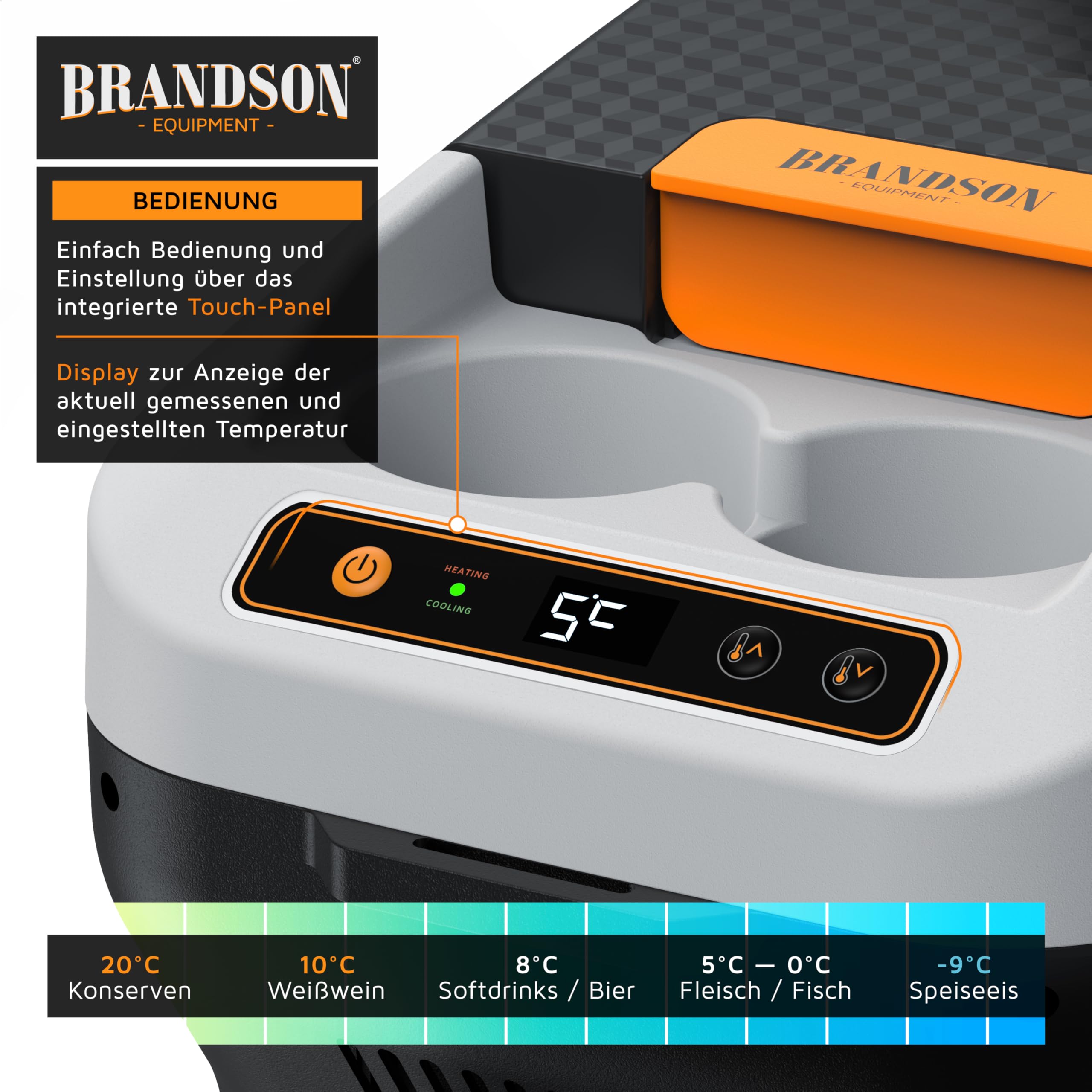 Brandson - Kühlbox elektrisch 10L – 230 V Netzspannung und 12 V KFZ Auto Bordspannung – kühlt und wärmt – Heizen max. 65°C – Herabkühlen ca 20°C unter der Umgebungstemperatur - Cool Grey